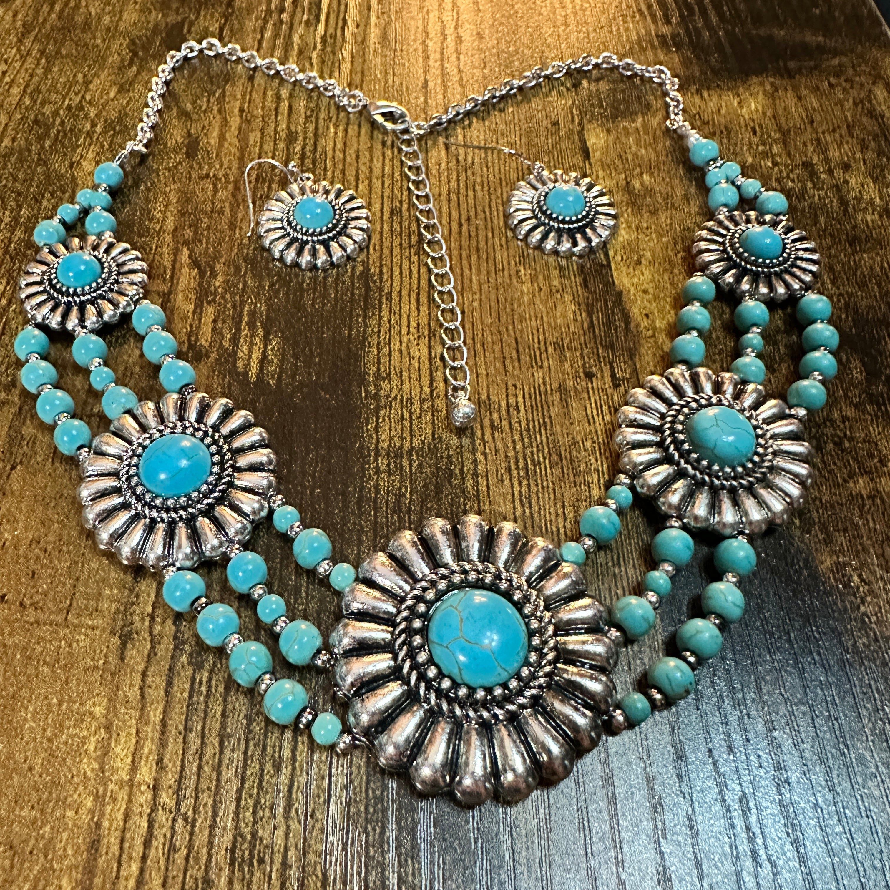 Other Turquoise Flower Concho Beaded Necklace and Earrings Set Size ONE SIZE - 2 Thumbnail