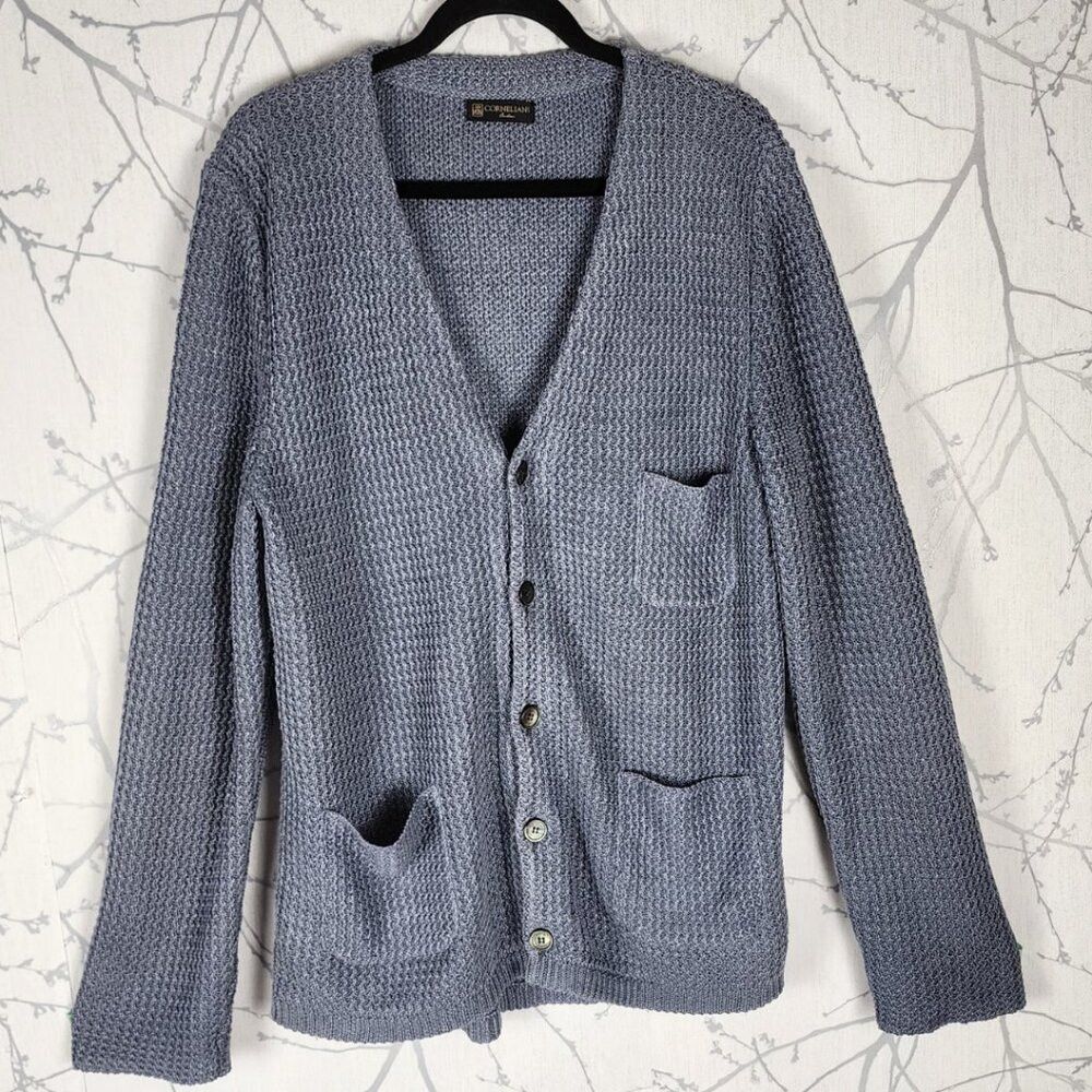 Corneliani Corneliani Blue 100% Linen Knit Button Front Cardigan Size US M / EU 48-50 / 2 - 1 Thumbnail