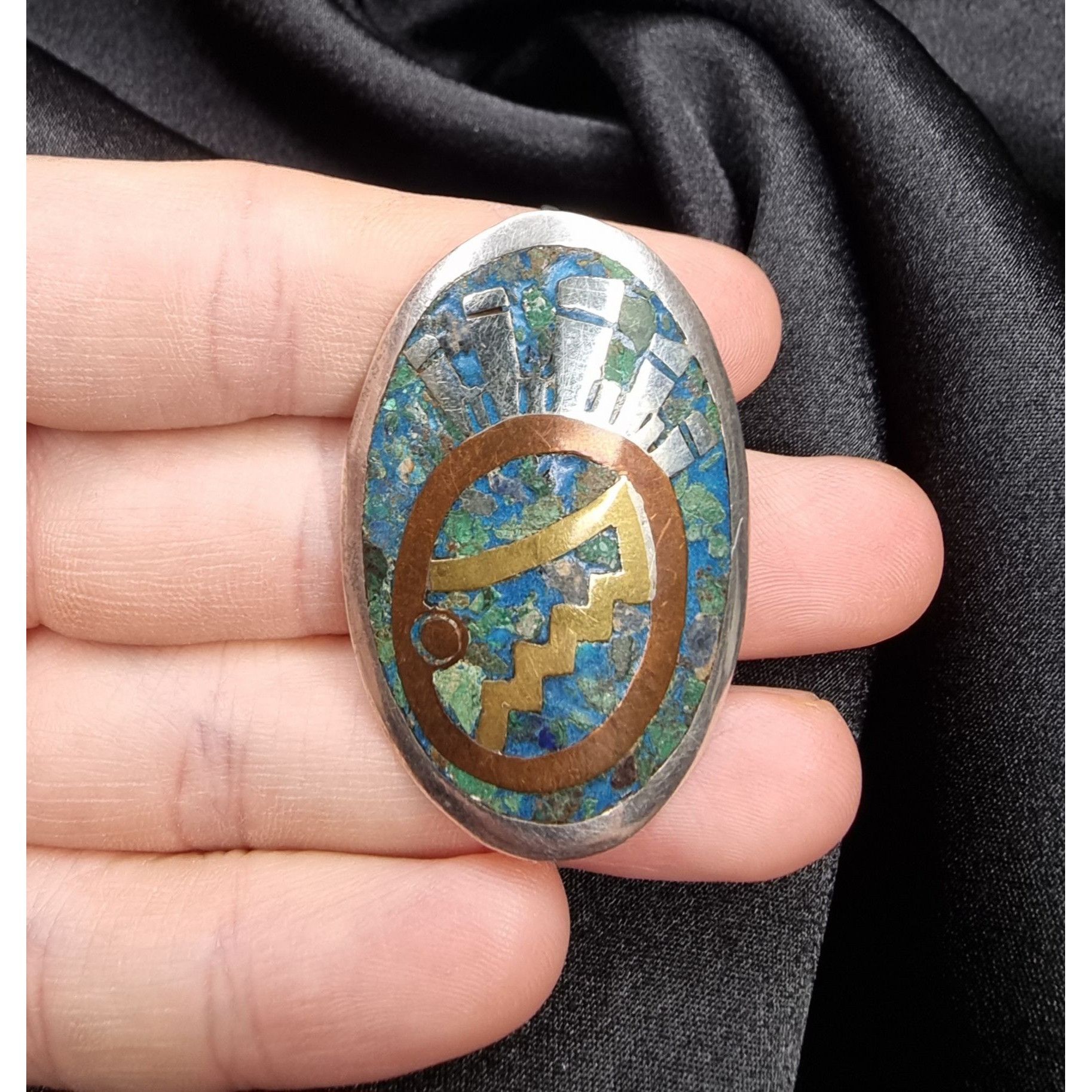 Vintage Vintage 925 Sterling Silver Mexican Brooch Pendant With Inla Size ONE SIZE - 4 Thumbnail