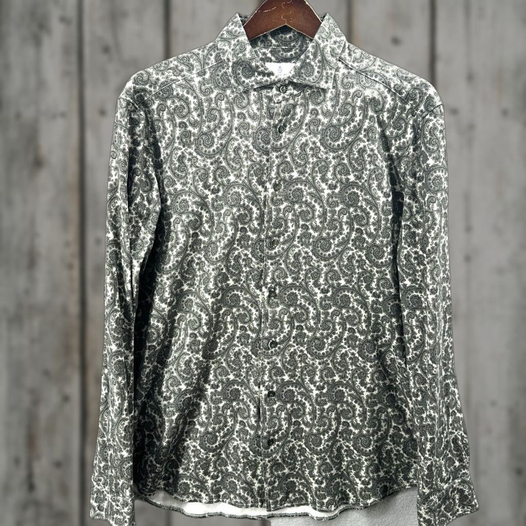 Vintage Knit Shirt Mens Large Green Paisley Jersey Knit Stretch Button-Up Spread Collar Size US L / EU 52-54 / 3 - 1 Thumbnail