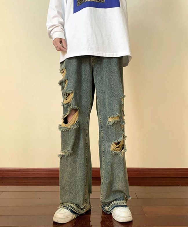 Japanese Brand Tall men's vintage loose straight-leg raw-edge ripped jeans Size US 32 / EU 48 - 1 Thumbnail