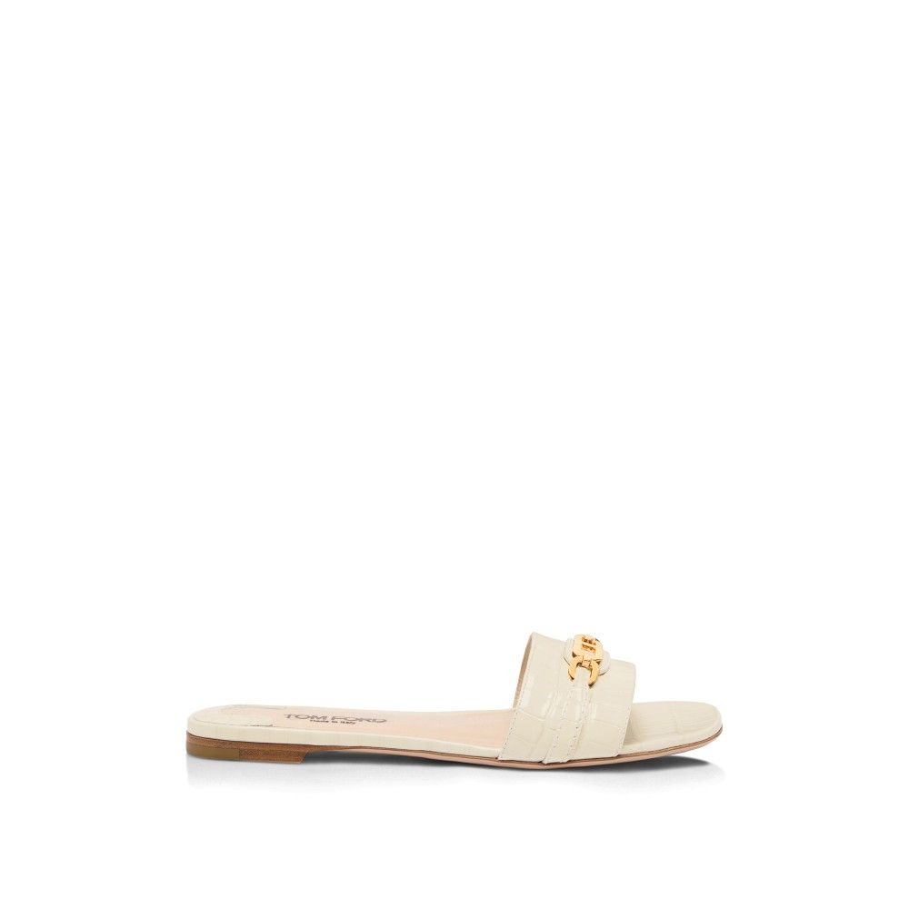 Tom Ford o1loc1c0225 W3526 Croco Effect Leather Slides in White Size US 8 / IT 38 - 1 Thumbnail