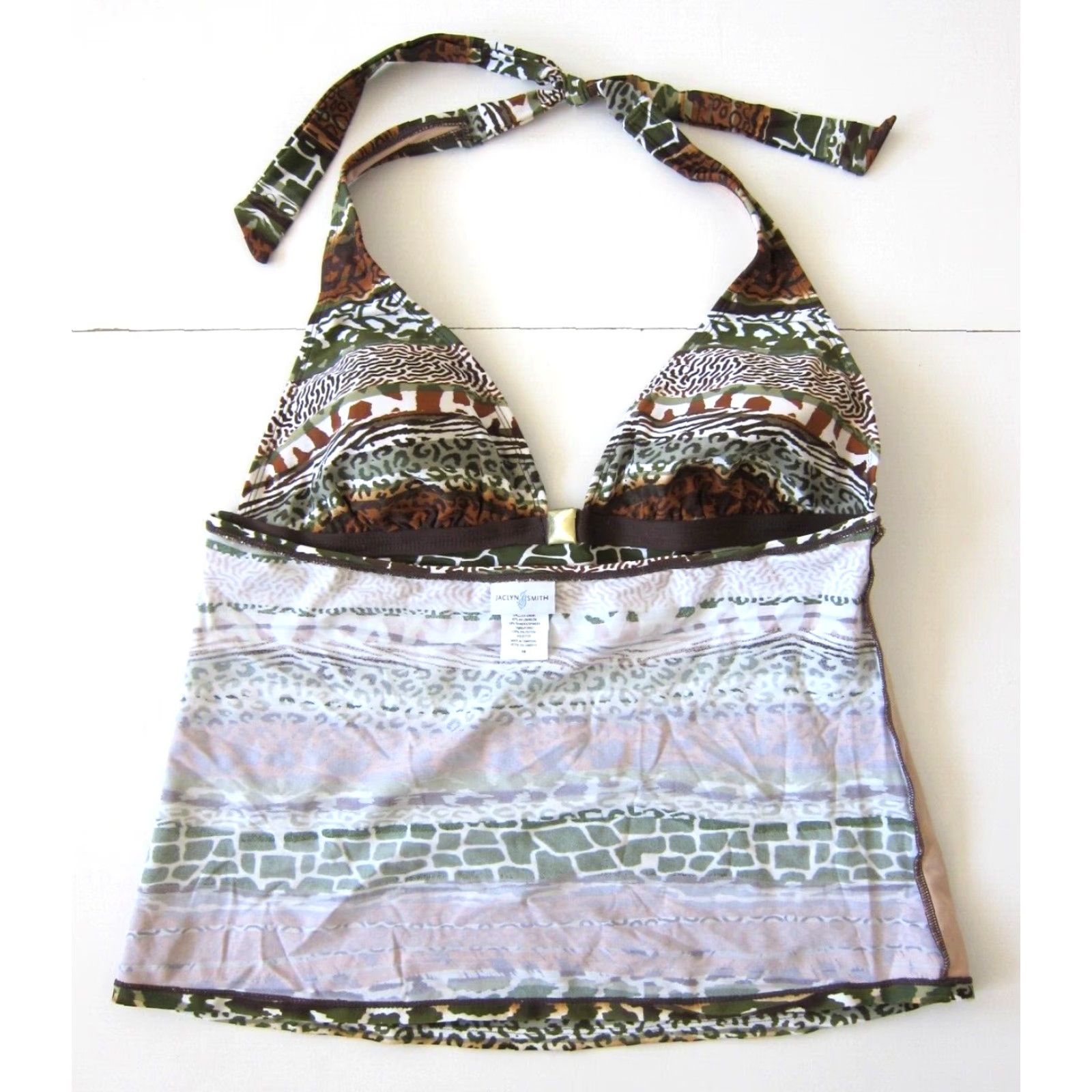 Vintage Jaclyn Smith Green Brown Animal Print Built In Bra Halter Tankini Swim Top 16 Size XXL / US 16-18 / IT 52-54 - 4 Thumbnail