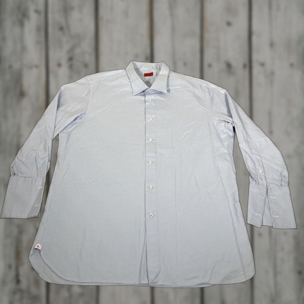 Isaia Isaia Shirt Mens XL Light Blue Micro Houndstooth French Cuff Dress Italy Preppy Size 46R - 1 Thumbnail