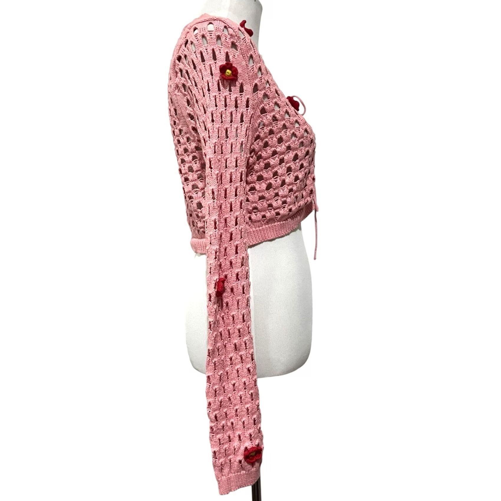 Changes VINTAGE Love Change Italy Shrug Crochet Sweater XL Tie Front Pink 3D Dimensional Flowers Size XL / US 12-14 / IT 48-50 - 6 Thumbnail