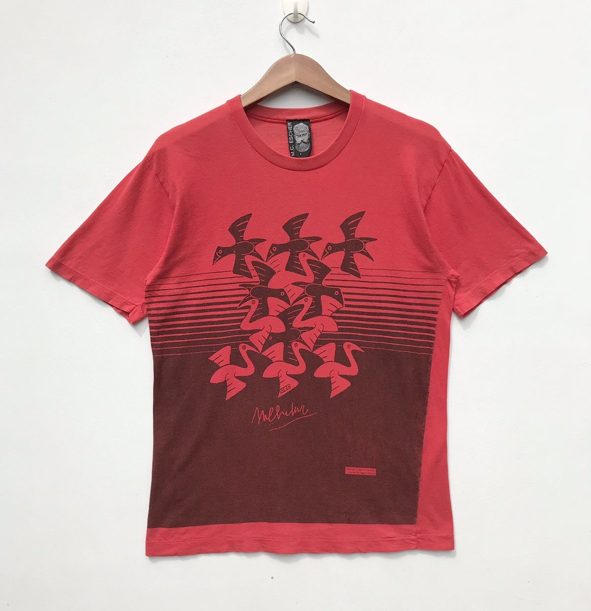 image of Distressed90S Vintage Mc Escher Birds Shirt Mc Escher Art in Red, Men's (Size Small)