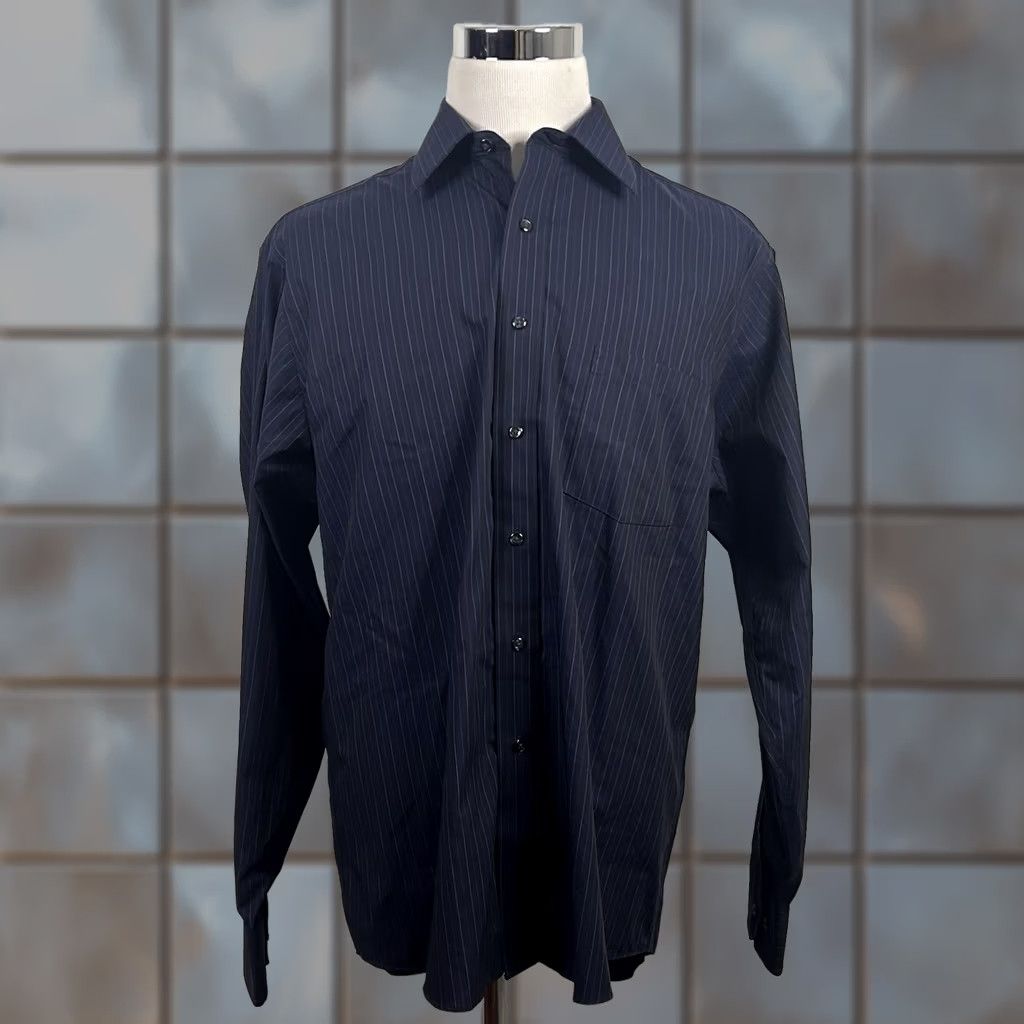 Vintage Donald J Trump Dress Shirt 16.5 36/37 Non Iron Navy Blue Striped 100% Cotton Mens Size 46R - 1 Thumbnail