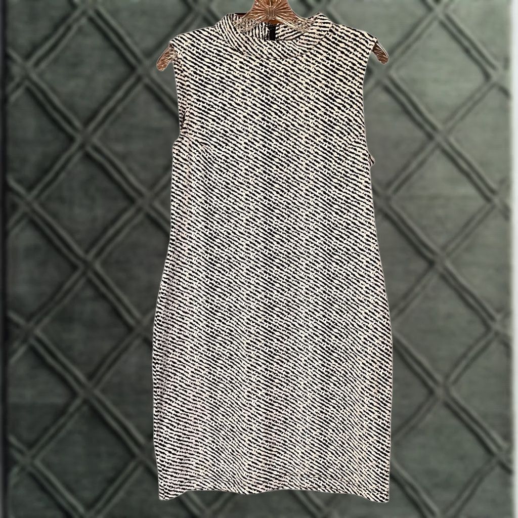 Vintage SHARAGANO Dress Sleeveless Mock Neck Stretch Size 10 Ivory/Black Knee Length Pattern: Animal Print Women's Work Dress Size L / US 10 / IT 46 - 1 Thumbnail