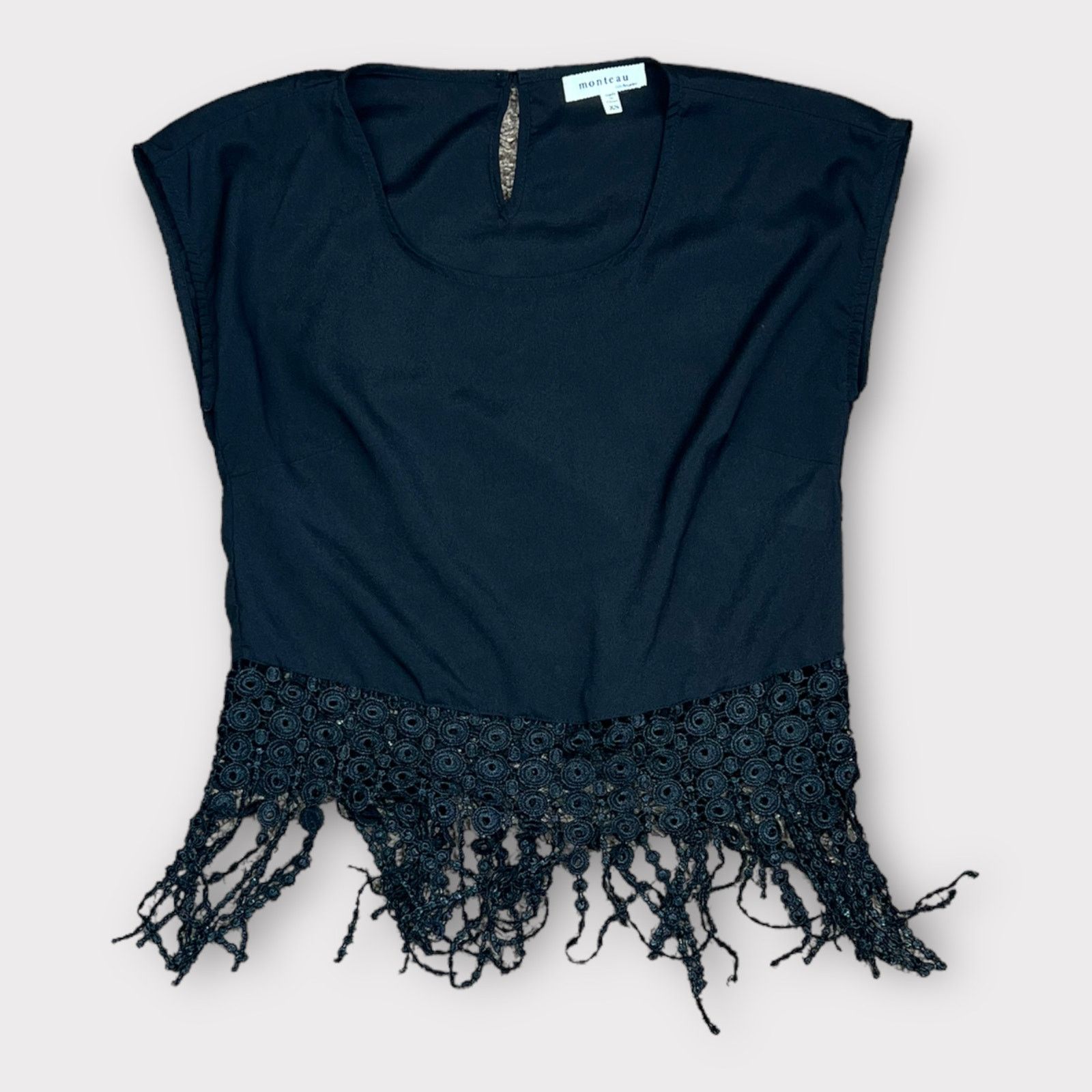 Nordstrom Monteau | Black Fringe Boho Short Sleeves Blouse I XS Size XS / US 0-2 / IT 36-38 - 2 Thumbnail