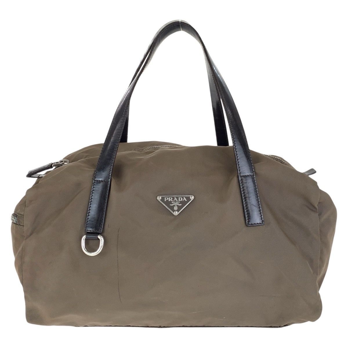 Prada Prada Tessuto Triangle Logo Plate Mini Boston Bag Grey Leather Handbag, Women's