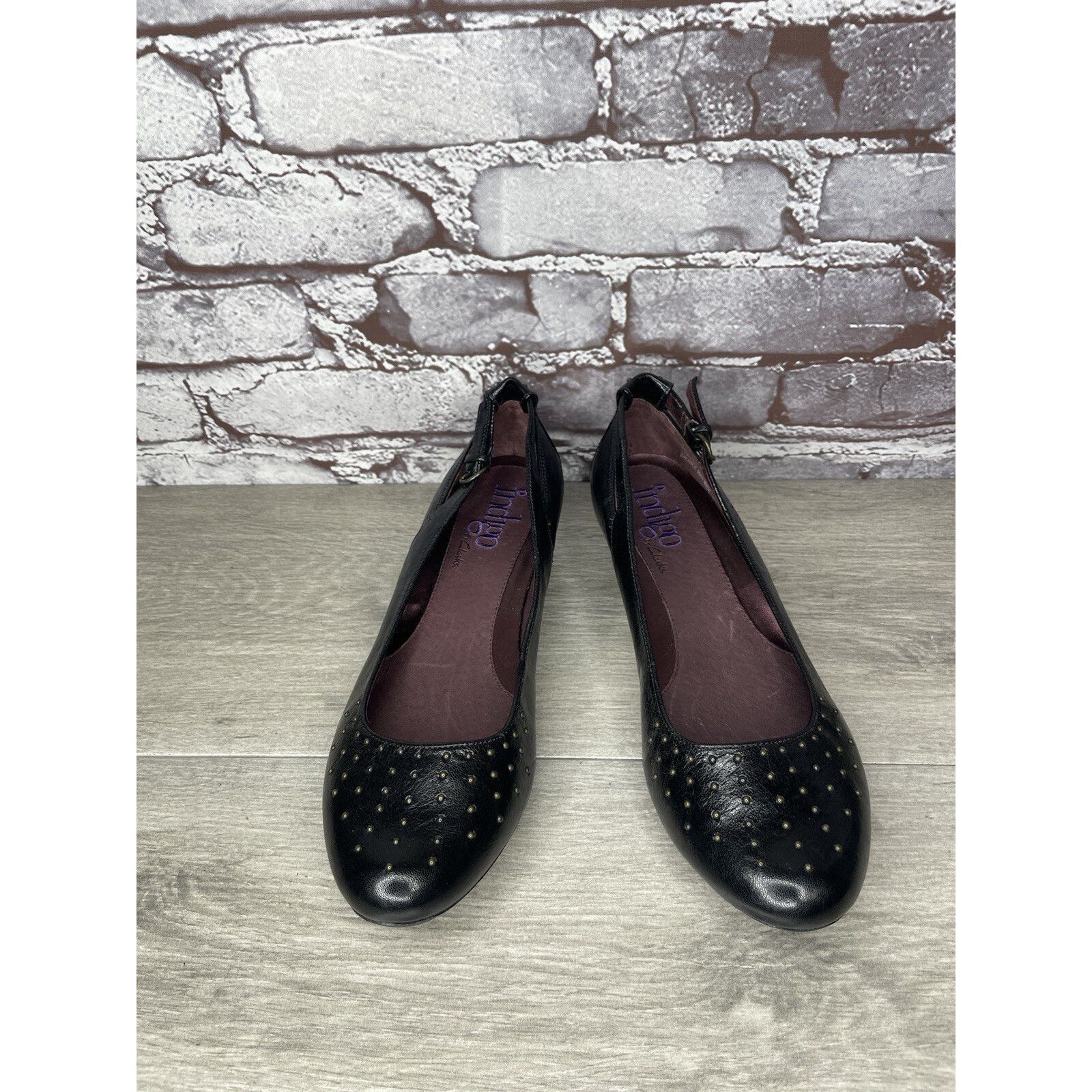 Clarks INDIGO BY CLARKS Black Lea Bishop Studded Slip On Strap Wedg Size US 8 / IT 38 - 13 Thumbnail