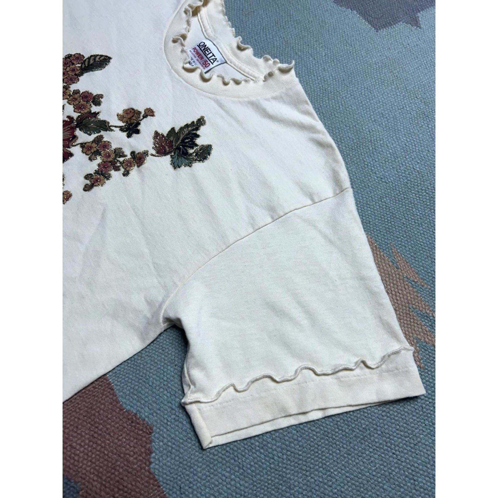 Sunflower VINTAGE 90s FLOWER T-Shirt Floral Pattern Women's L White Graphic Shirt Flowers Glitter Sparkle Large Size L / US 10 / IT 46 - 4 Thumbnail