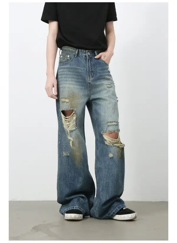 Japanese Brand VIBE American retro men's washed loose straight ripped jeans Size US 32 / EU 48 - 2 Thumbnail
