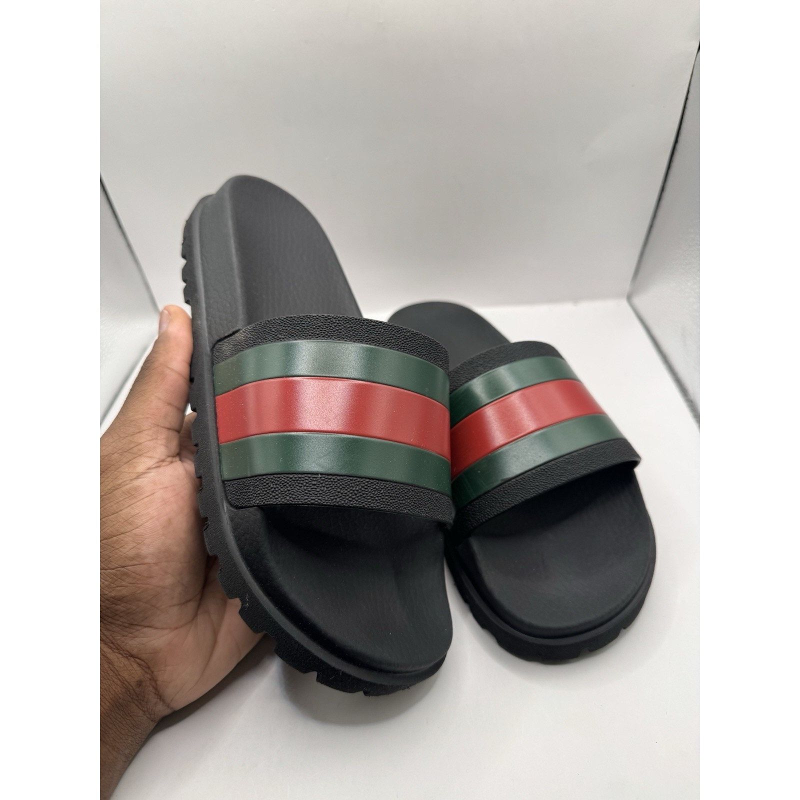 Gucci Black Slides with Green and Red Stripes Gucci Web Slide Black Sandals Size 14 Green Red Stripe  main image 2