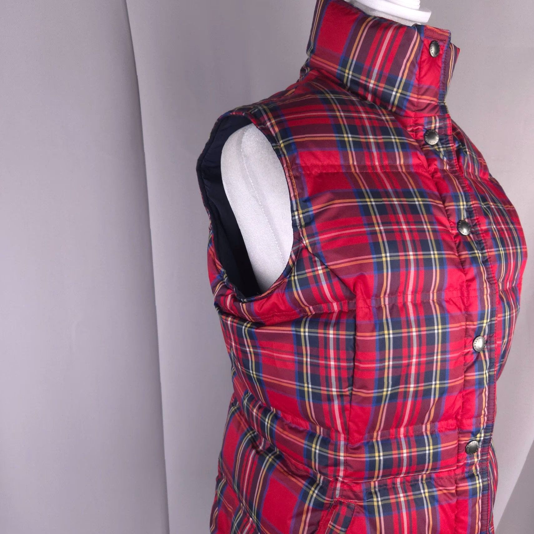 Lands' End Lands End Lands' End Womens S Red Tartan Plaid Down Puffer Vest Funnel Neck Layer Friendly
