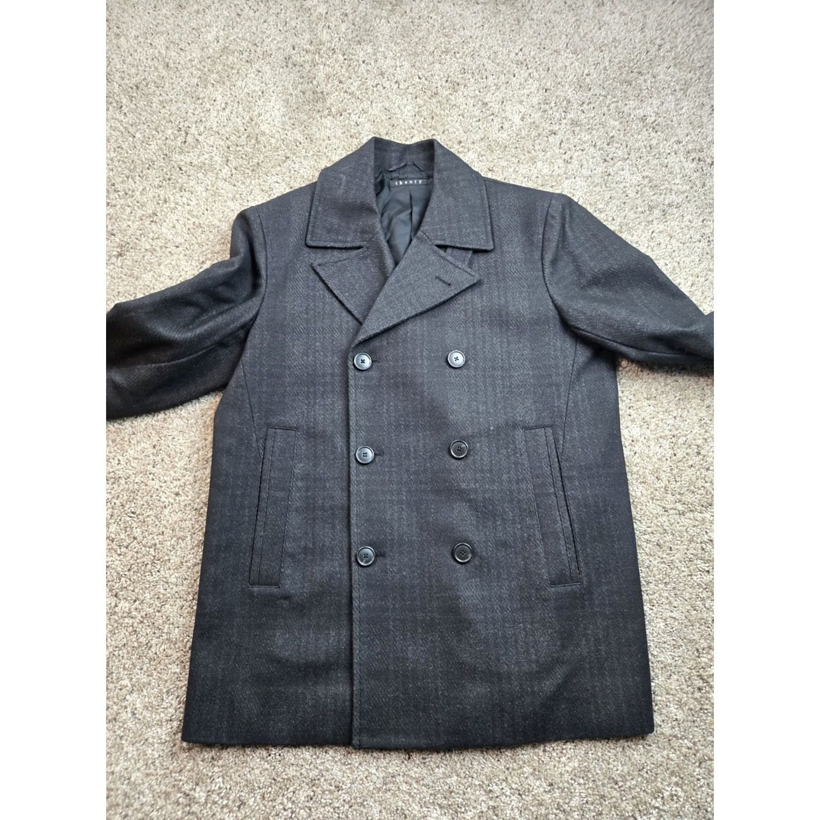 Theory Theory Peacoat Coat Mens Large Gray Plaid Wool Blend Double Breasted Pockets Classic Wool-Blend Long Coat 42-in Chest Fall Winter Spring Mens Size US L / EU 52-54 / 3 - 3 Thumbnail