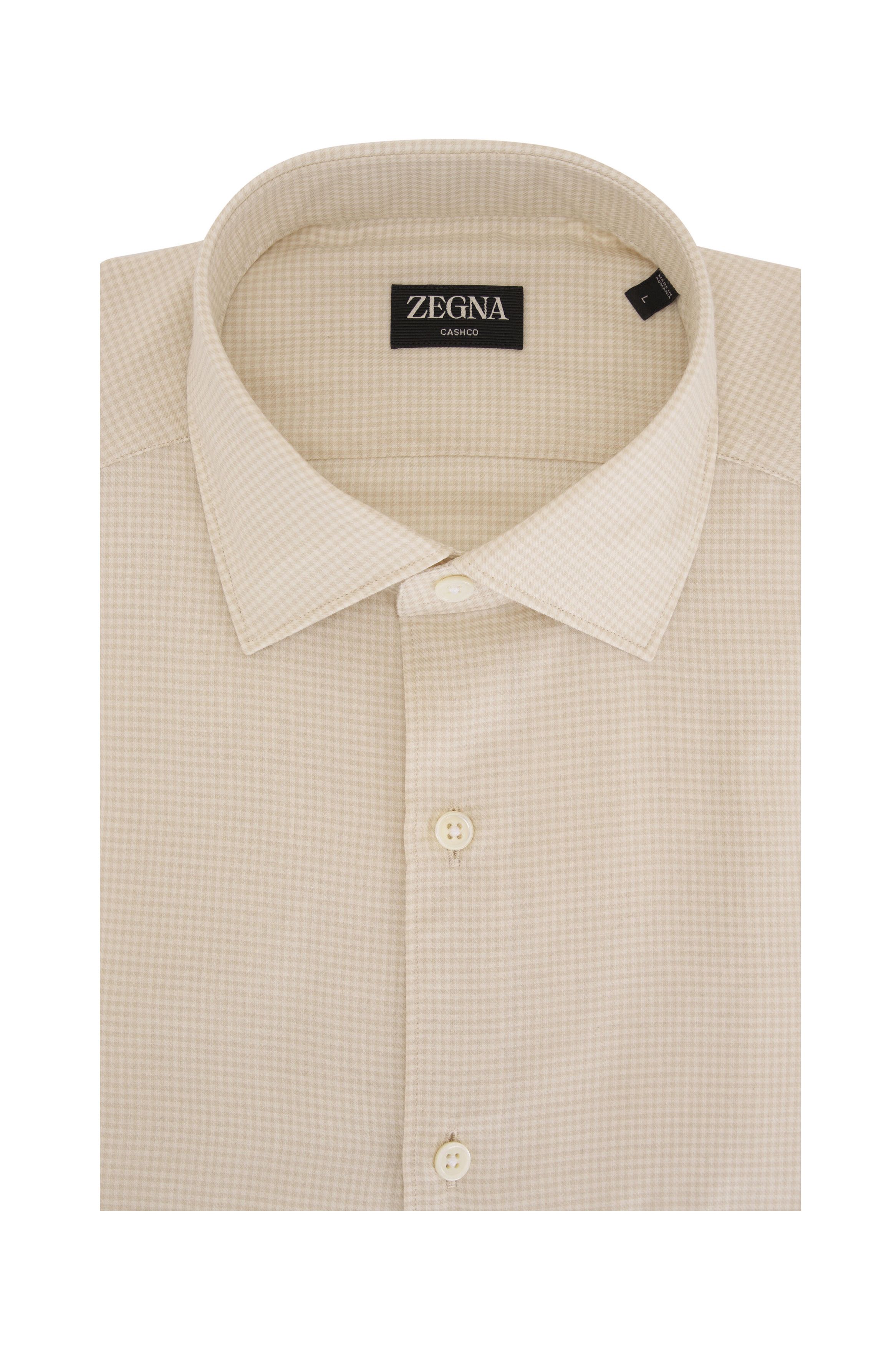 Z Zegna o1mtch0225 Check Cashmere & Cotton Sport Shirt in Beige Size US XL / EU 56 / 4 - 1 Thumbnail
