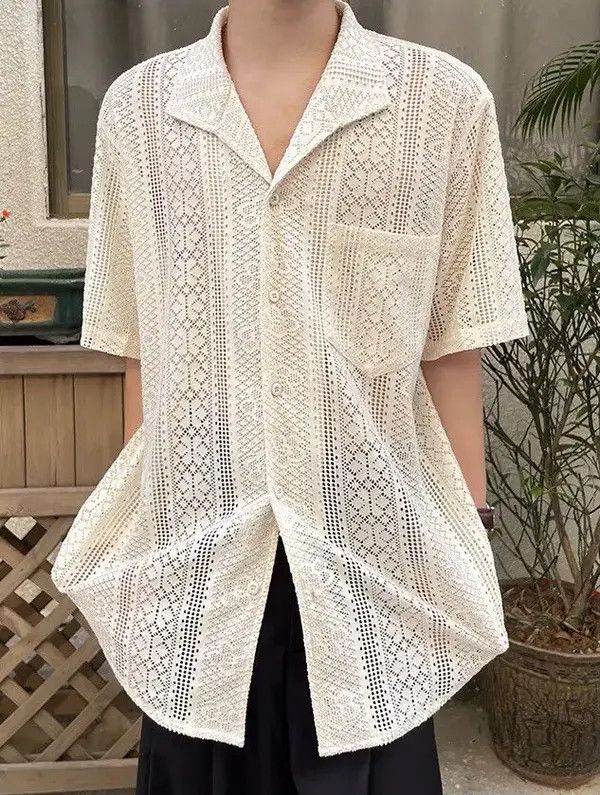 VIBE Korean fashion beige retro lace hollow button up shirt Size US XL / EU 56 / 4 - 5 Thumbnail