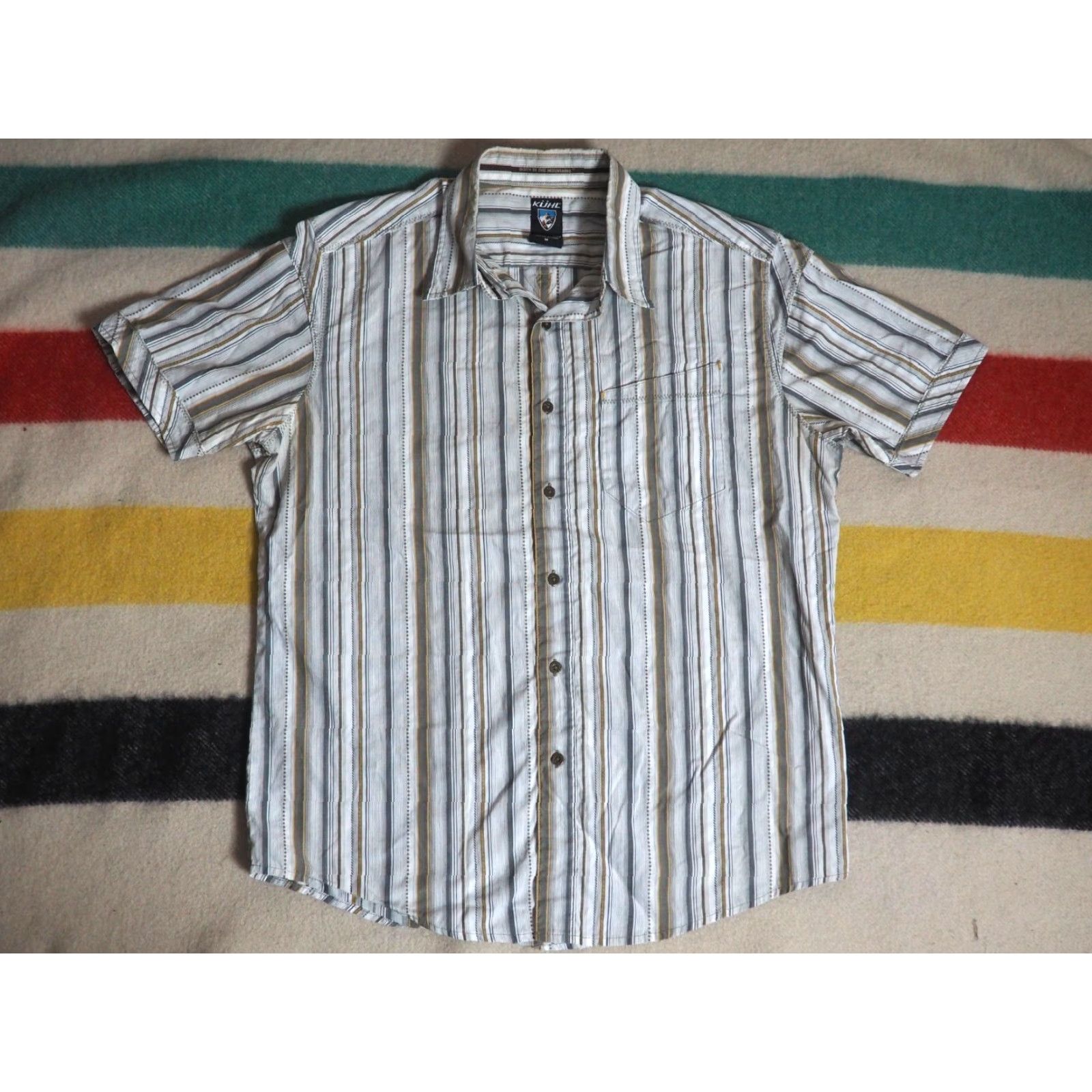 Vintage VTG Kuhl Shirt Outdoor Slant Pocket White Beige Striped Button-Up M Men Cotton Short Sleeve - 22.5" Pit to Pit 29" Length Size US M / EU 48-50 / 2 - 2 Thumbnail