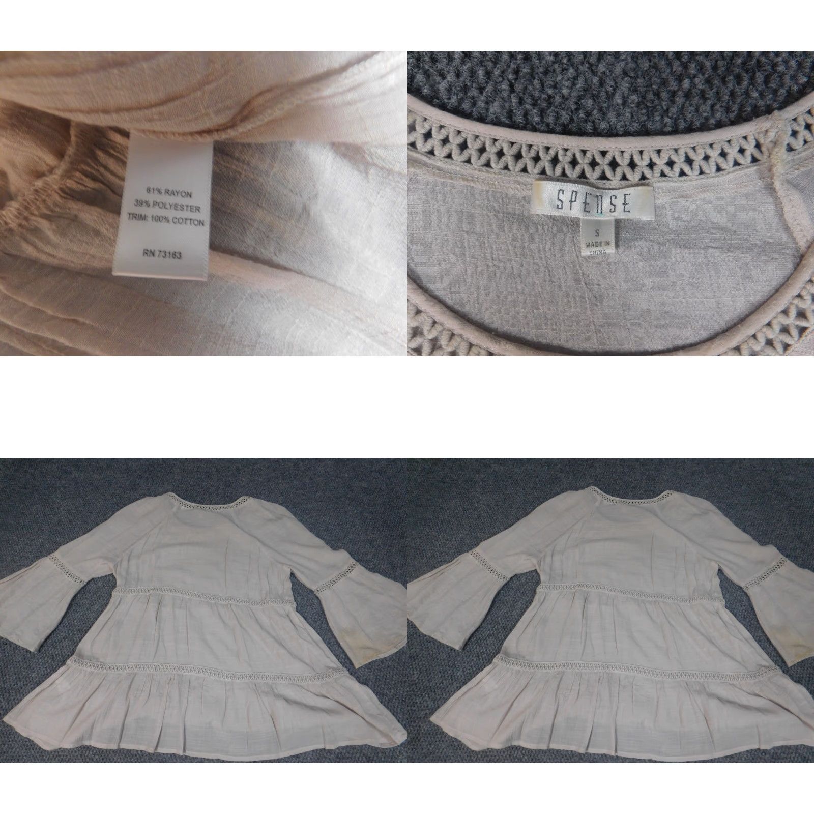 Vintage Spense Blouse Shirt Womens S Beige 3/4 Sleeve Round Neck Pullover Ruffle Bell Stretch Casual Size S / US 4 / IT 40 - 8 Thumbnail