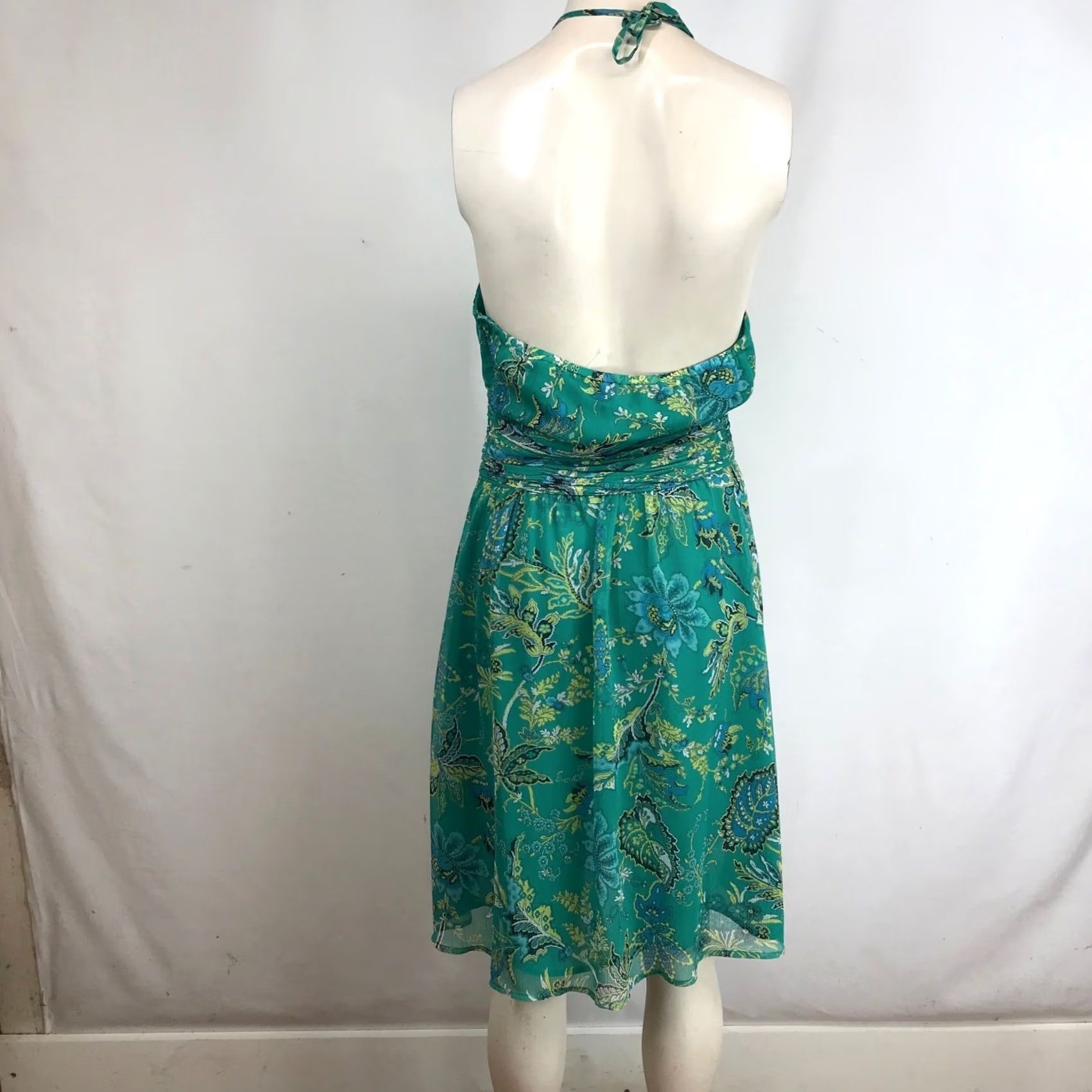 Ann Taylor LOFT Ann Taylor Midi Dress Size 4 Teal Blue Paisley Print Halter Neck Keyhole Size S / US 4 / IT 40 - 5 Thumbnail