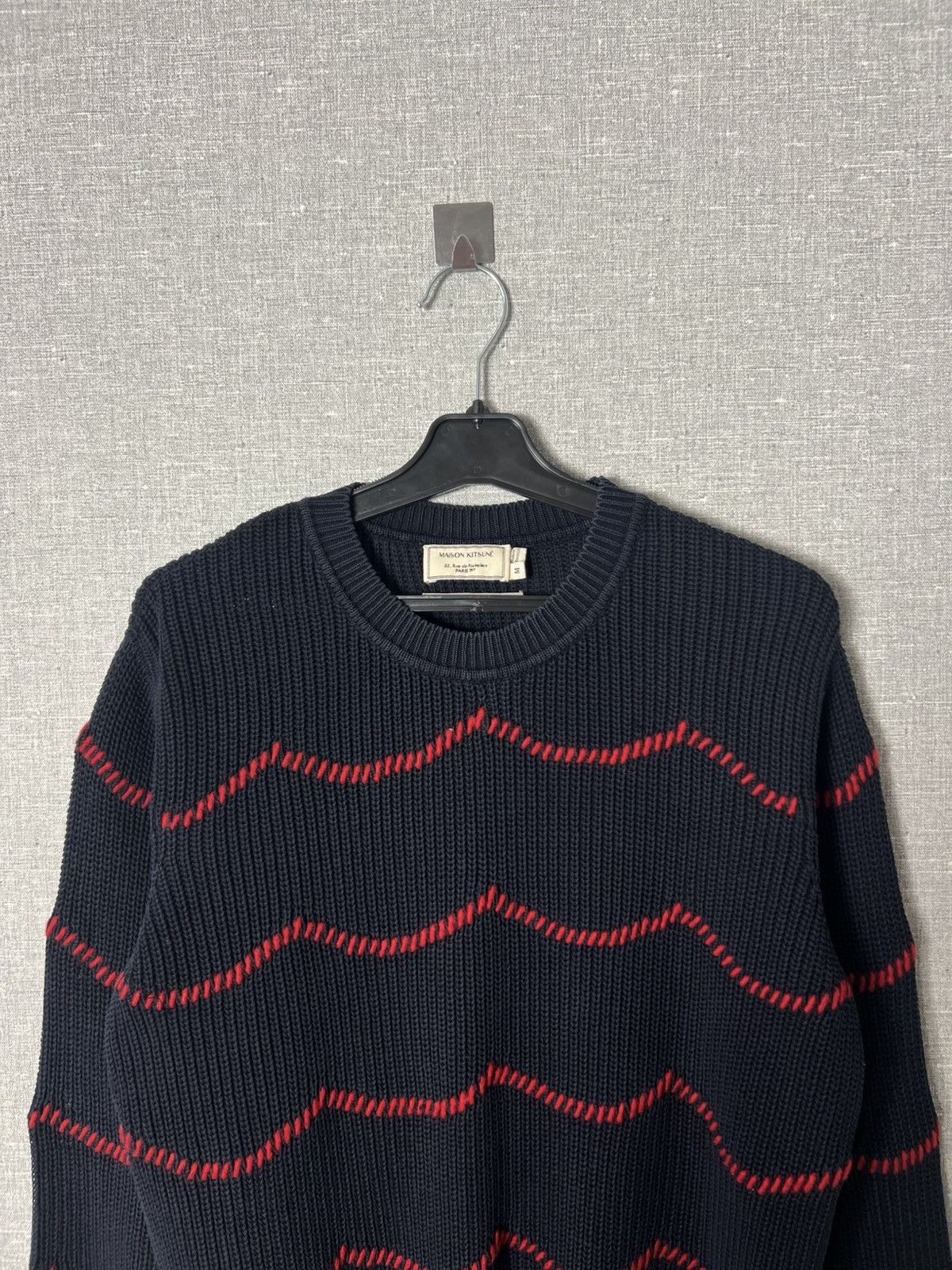 Maison Kitsune Maison Kitsune Crew Navy Sweater Red Wave Hand Embroidered Size M / US 6-8 / IT 42-44 - 2 Thumbnail