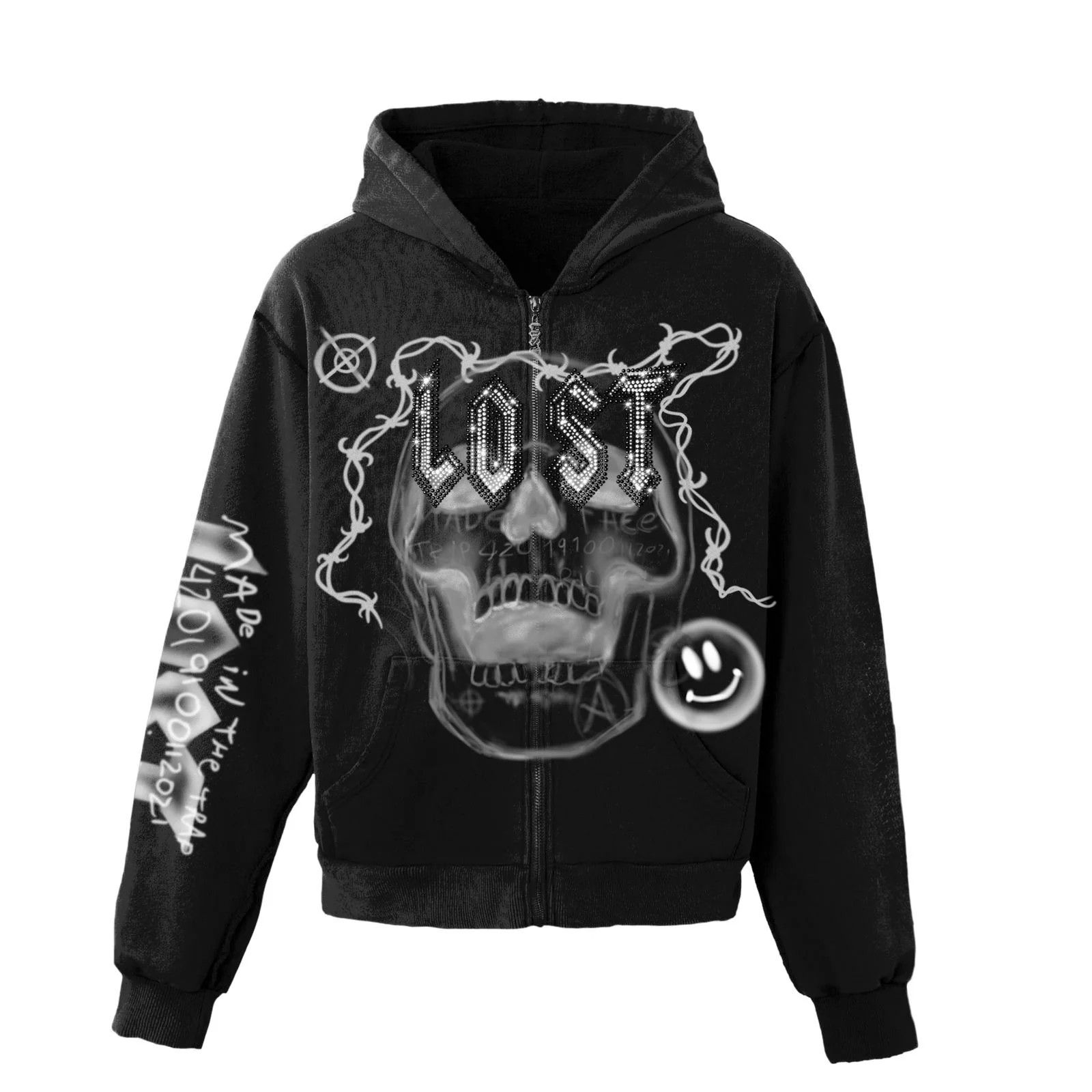 LOST INTRICACY Lost Intricacy 'Skull Bound' Grey Print Black Zip