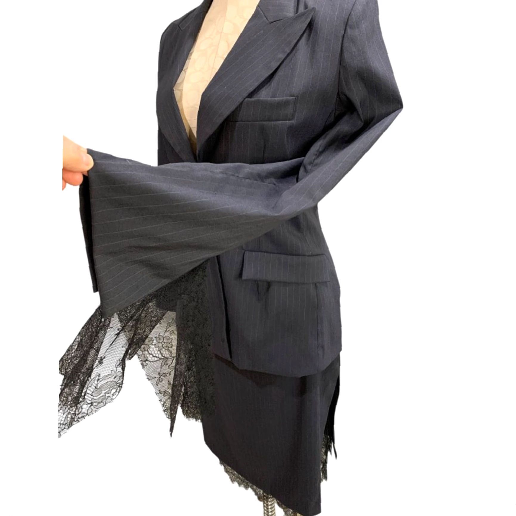 Vintage VINTAGE Marcel Marongiu Skirt Suit Black Pinstripe Lace Trim Size 38 Women Size 26" / US 2 / IT 38 - 4 Thumbnail