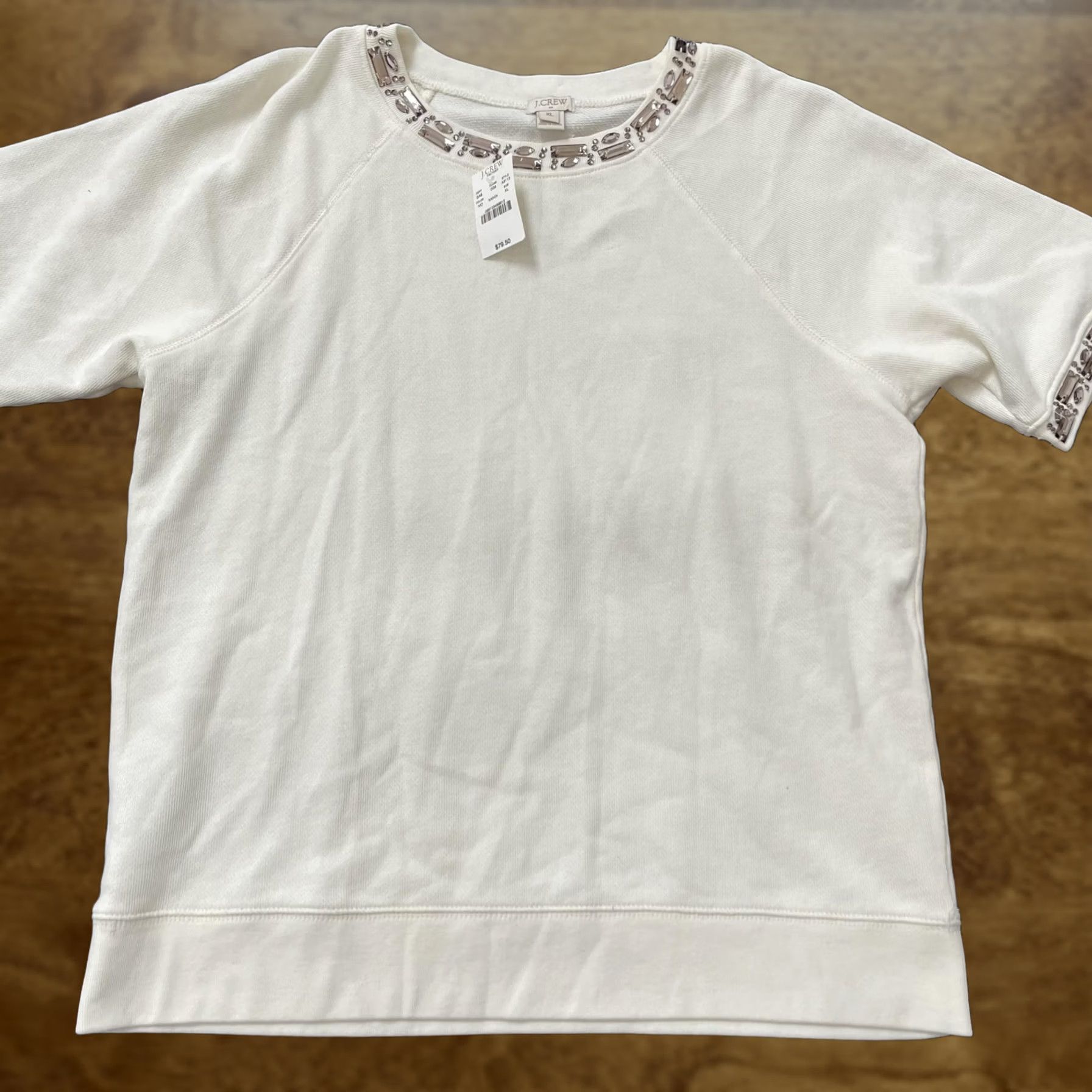 J.Crew J Crew Factory Sweater Womens XL White Jeweled Neck Cotton Short Sleeve Size XL / US 12-14 / IT 48-50 - 1 Thumbnail