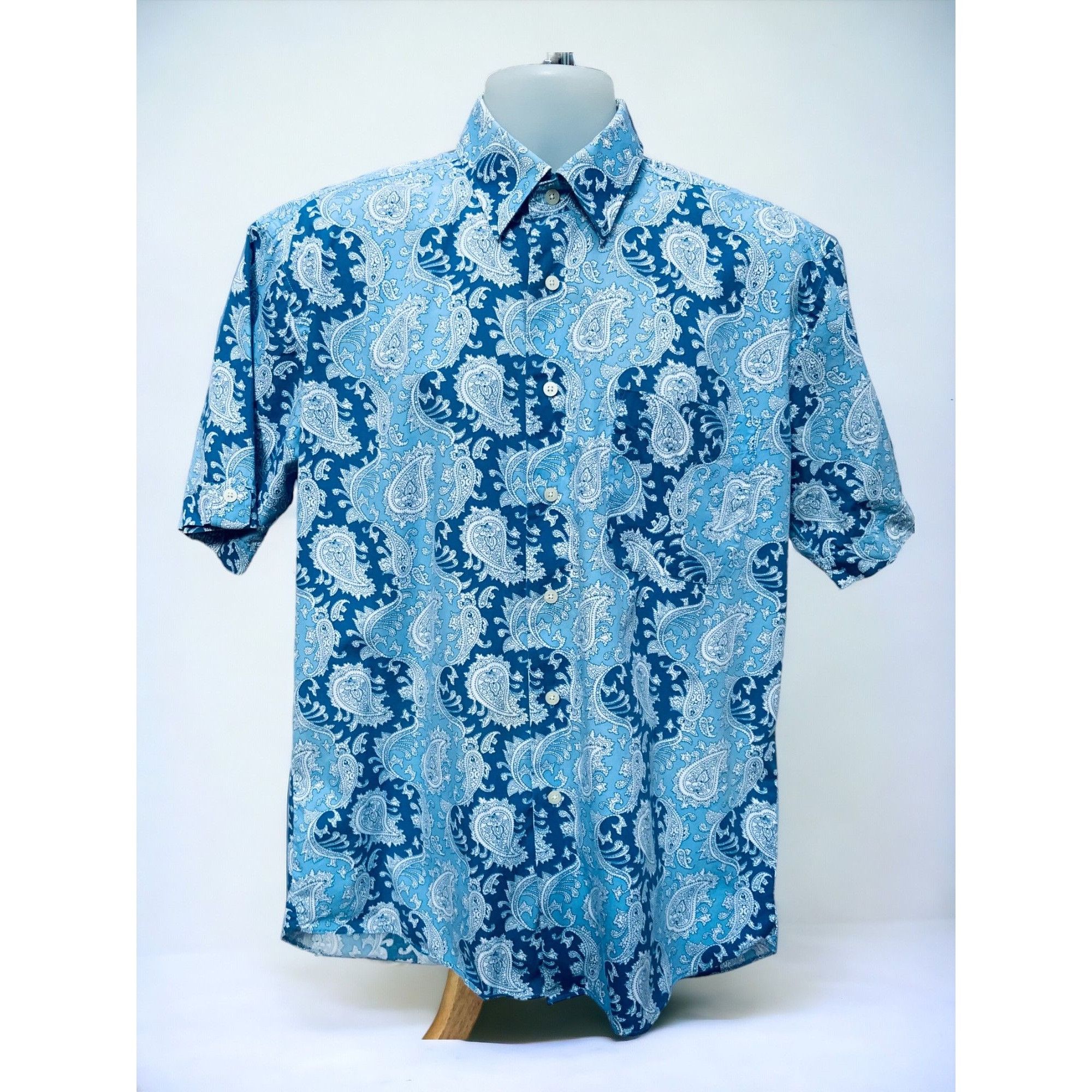 image of Alan Flusser Mens Button Down Collared Short Sleeve Blue Pai (Size Large)