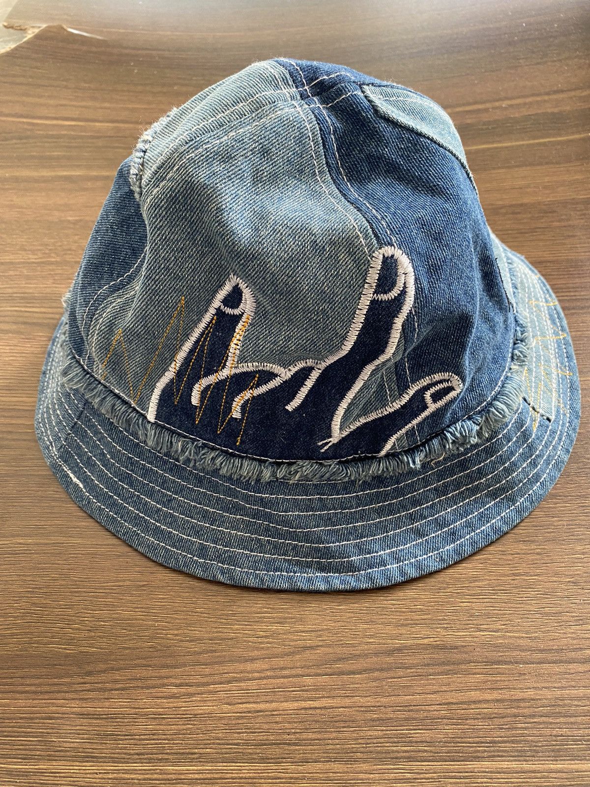 image of Bucker Patchwork Embroidered Denim Bucket Hat in Blue, Men's