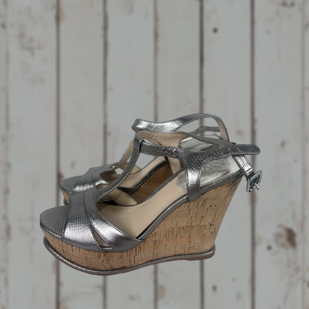 Vince Camuto Vince Camuto Silver Leather Strappy Wedge Platform Dress Shoes Womens 7.5M Size M / US 6-8 / IT 42-44 - 1 Thumbnail