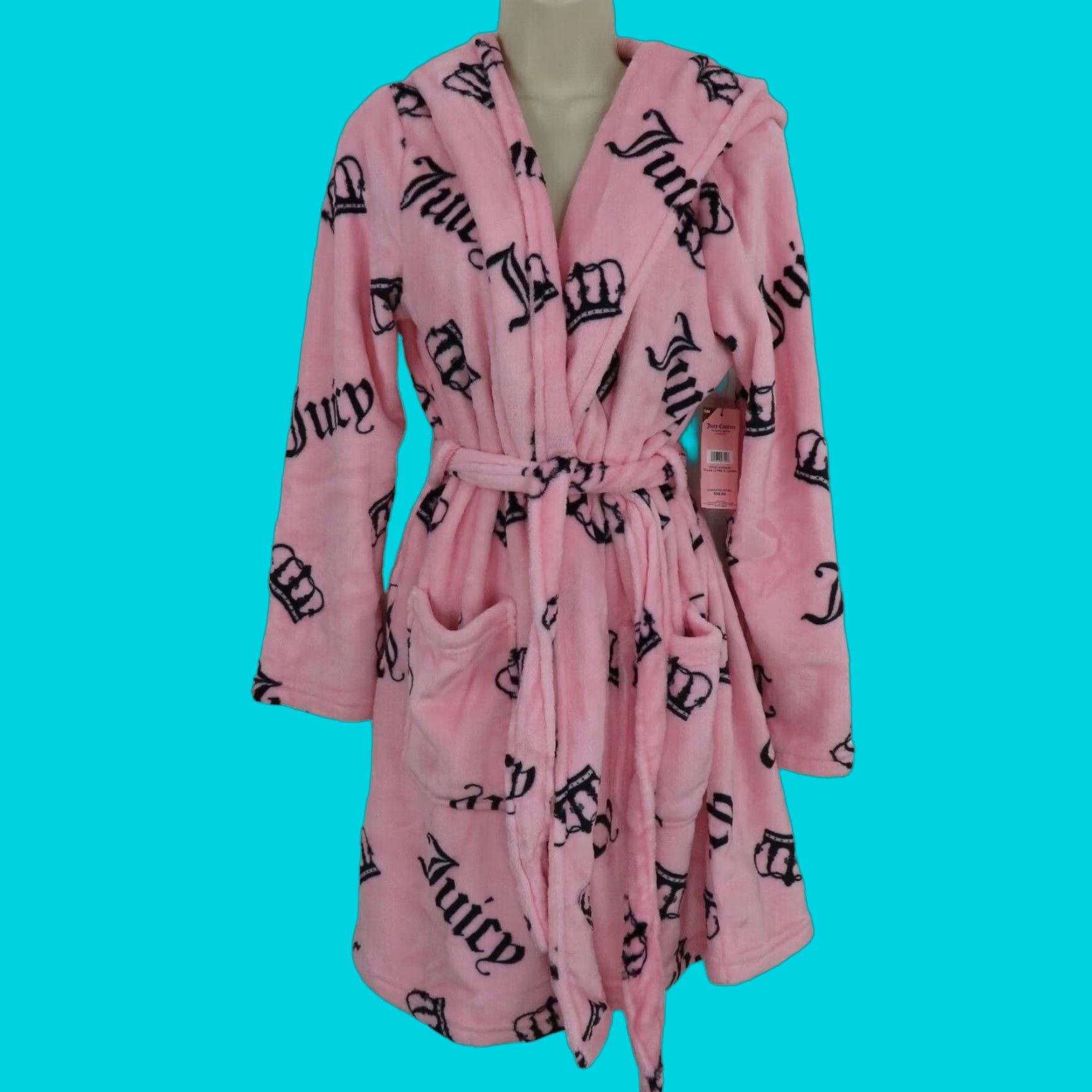 Juicy Couture Juicy Couture Women S/M Pink Black Logo Crown Hooded Knee Length Robe NEW NWT Size ONE SIZE - 1 Thumbnail