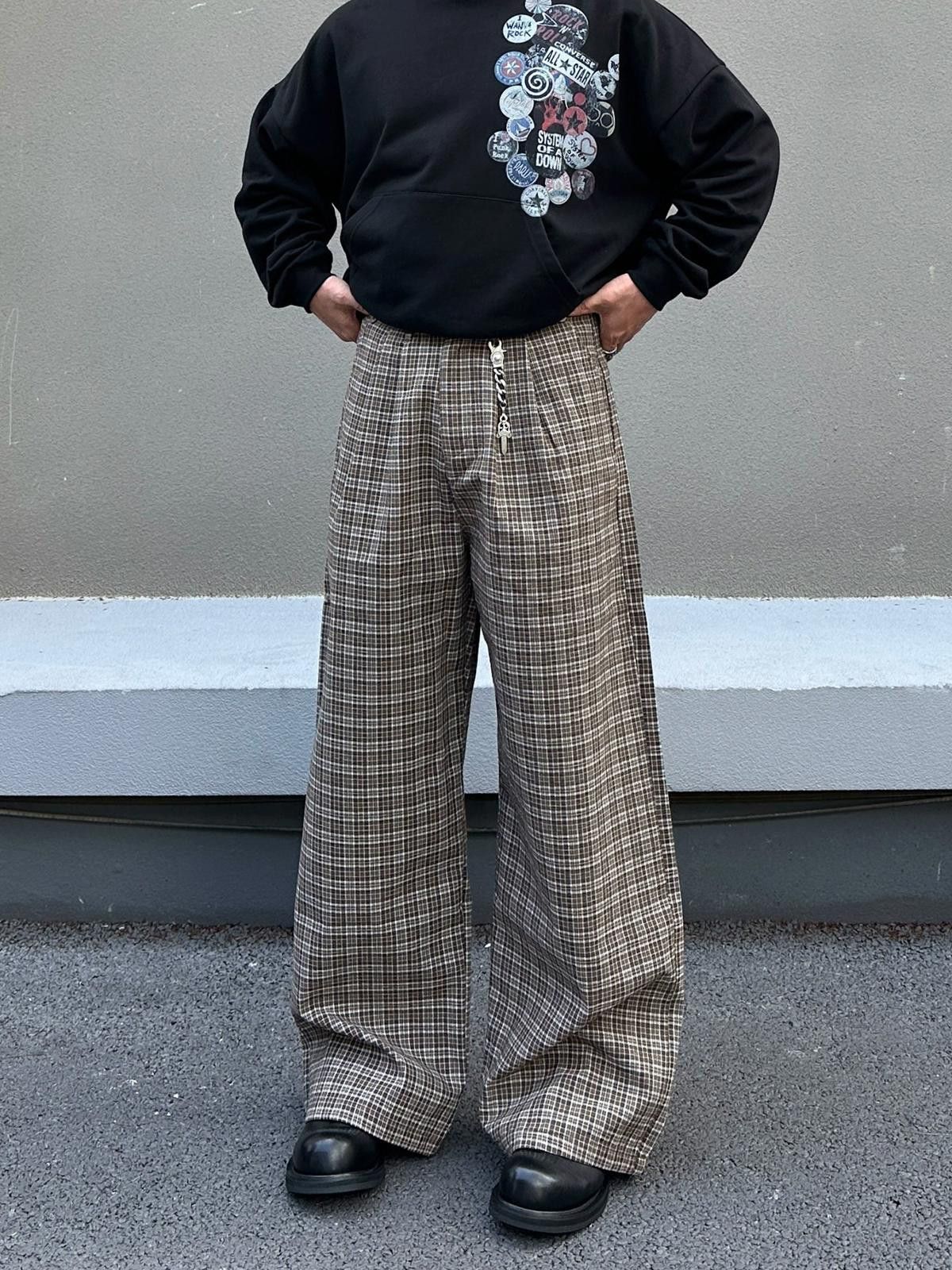 Vintage Brown Plaid Wide Leg Casual Pants, Loose Fit Trousers Size US 30 / EU 46 - 2 Thumbnail