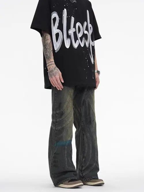 VIBE Vintage Washed Graffiti Micro Flared Heavy Duty Jeans Size US 34 / EU 50 - 4 Thumbnail