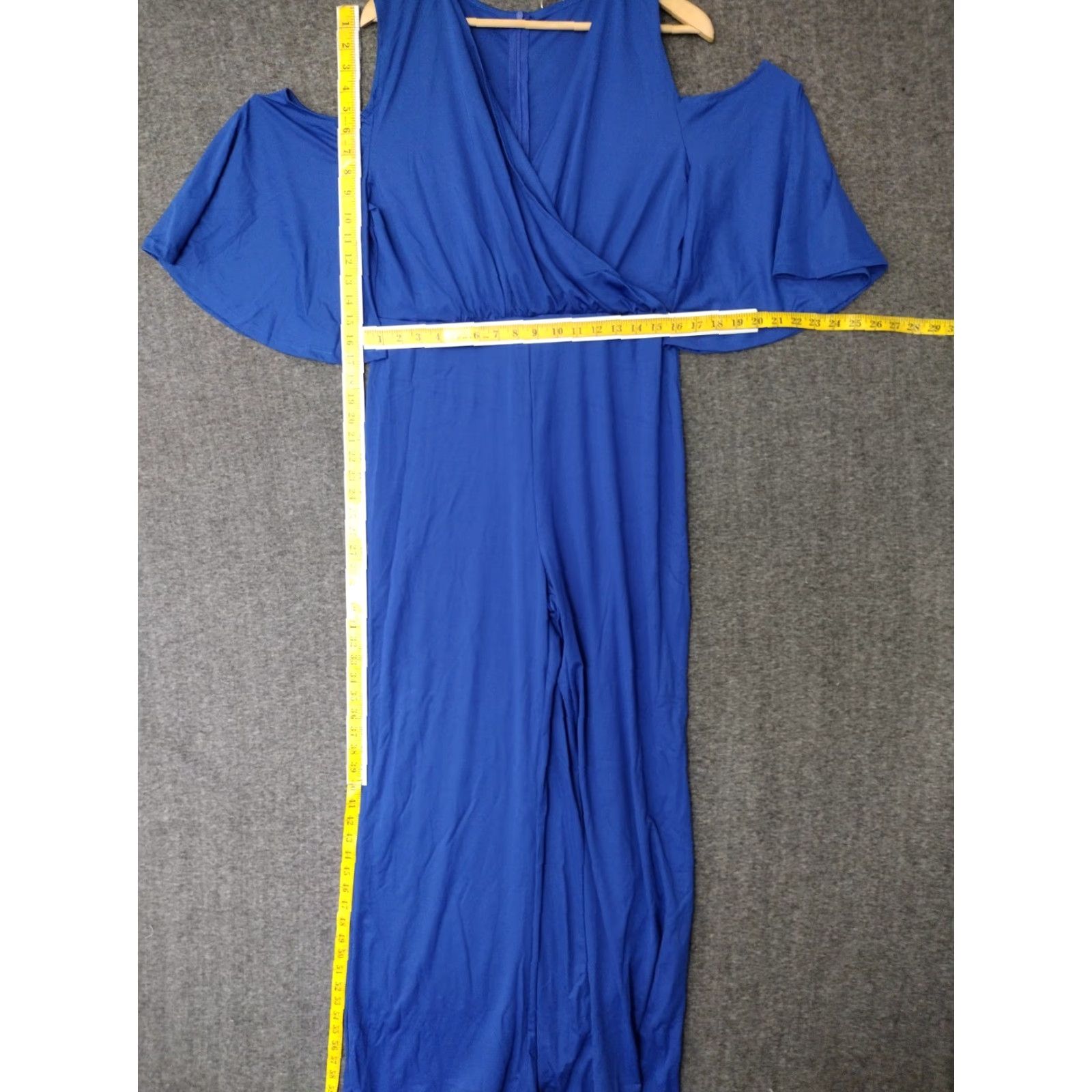 Vintage Women's Jumpsuit Casual 2XL V-Neck Short Sleeve Cold Shoulder Wide-Leg Blue Polyester Spandex One-Piece Size 40" / US 18 - 5 Thumbnail