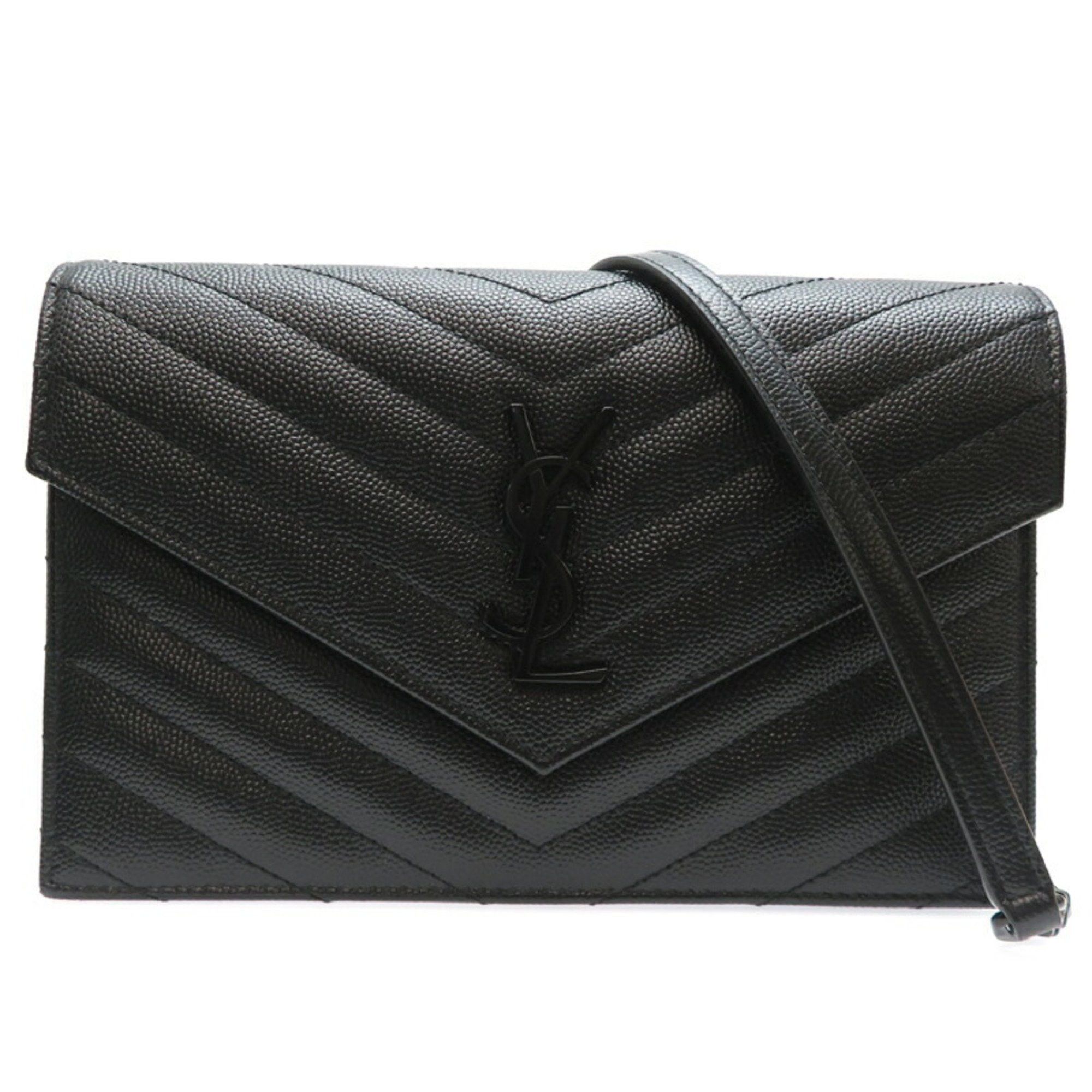 YVES Saint Laurent Envelope Chain Wallet Women's Shoulder Bag 42920 Leather Black