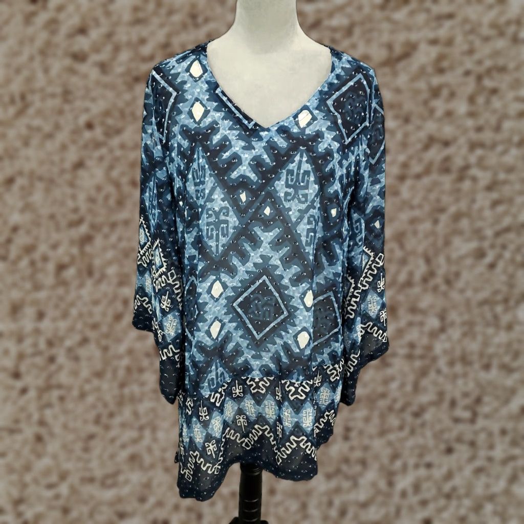 Vintage Multiples Blouse Womens XL Blue Geometric Asymmetric Hem Bell Sleeve Sheer Tunic Size XL / US 12-14 / IT 48-50 - 1 Thumbnail