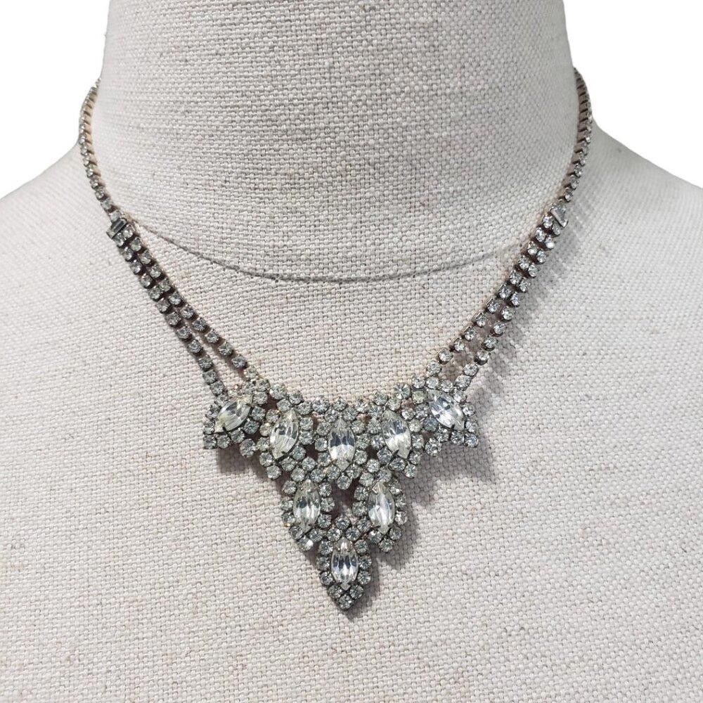 Designer Silver Tone Rhinestone Marquis Necklace Vintage 16" Size ONE SIZE - 2 Thumbnail