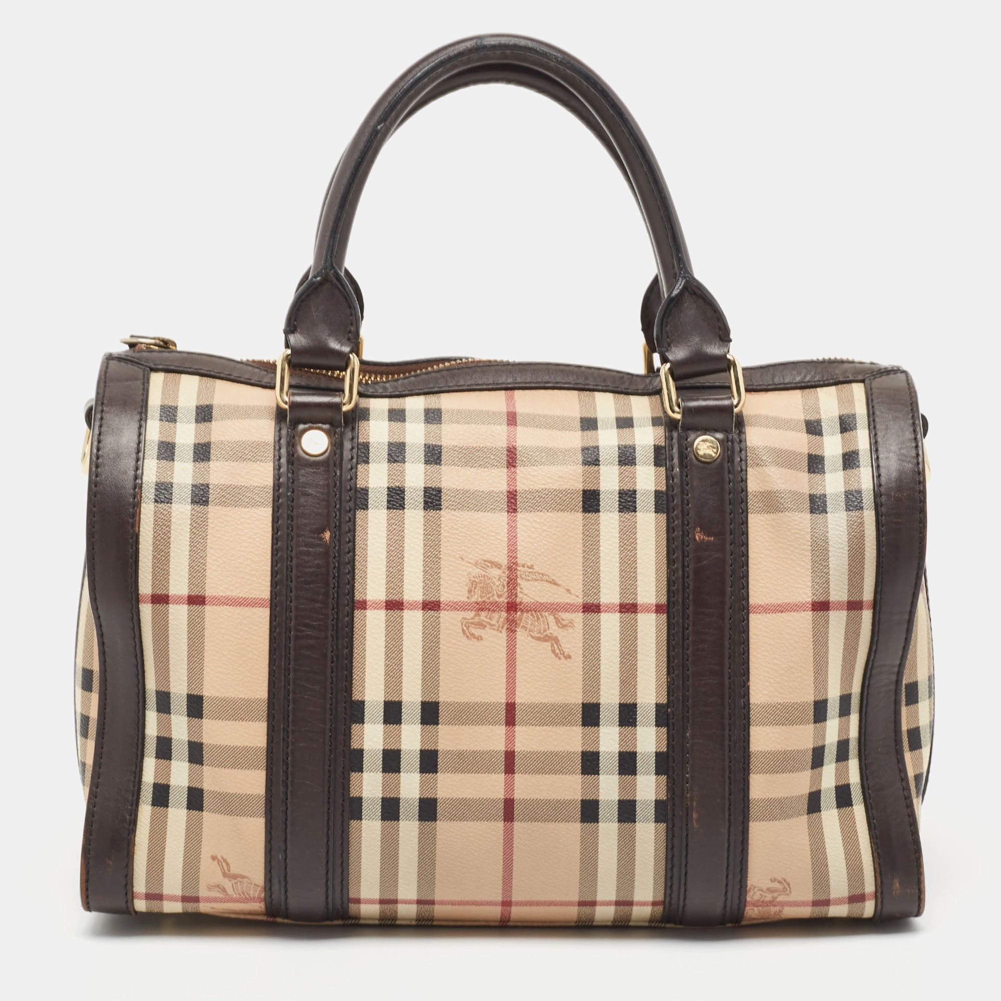 image of Burberry Brown/beige Haymarket Canvas And Leather Alchester Bag, Women's