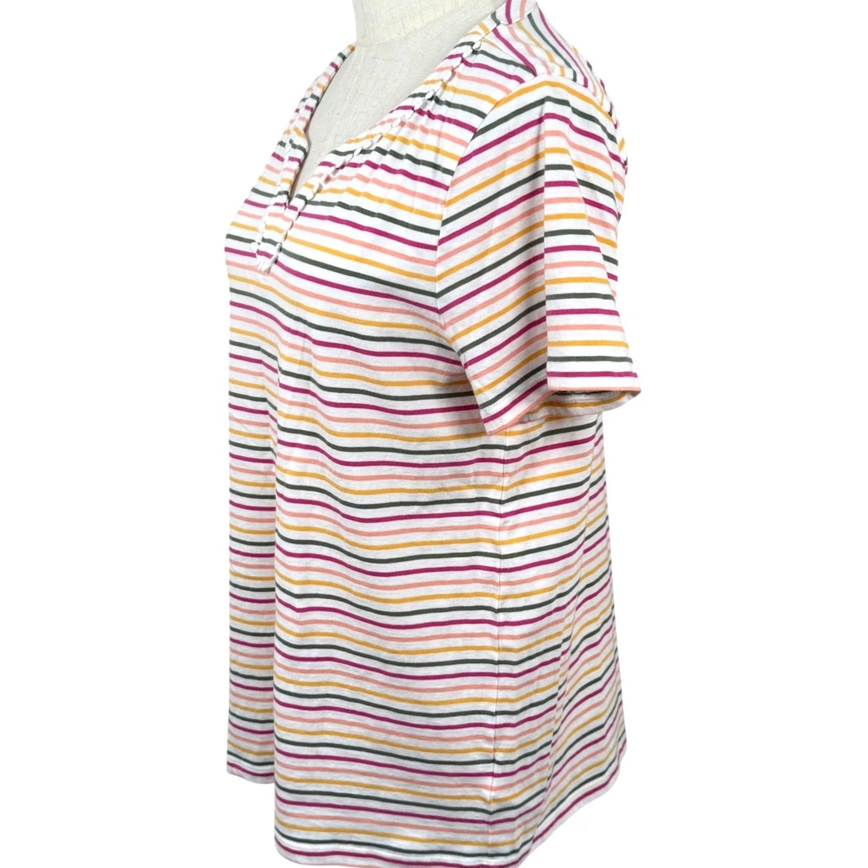 Talbots Talbots L Top Colorful Rainbow Striped Pom Notch V Neck Cotton Coastal EUC Size L / US 10 / IT 46 - 3 Thumbnail