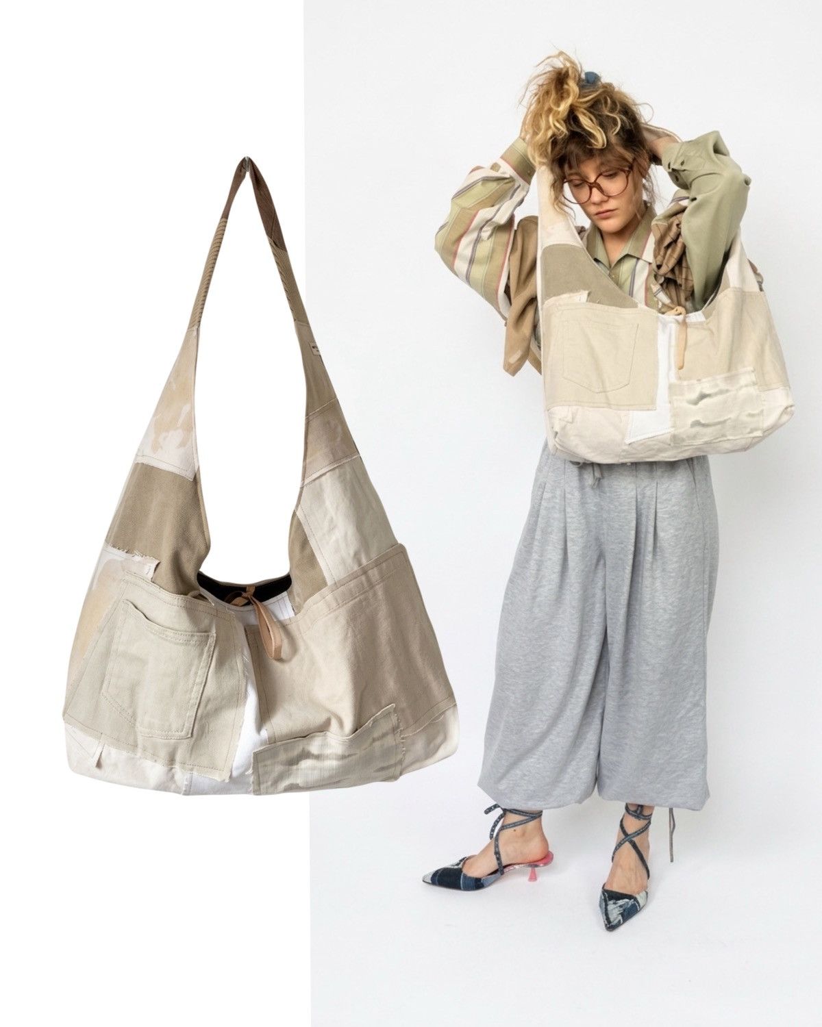 Custommade Handcrafted oversized messenger bag made from reworked denim Size ONE SIZE - 4 Thumbnail