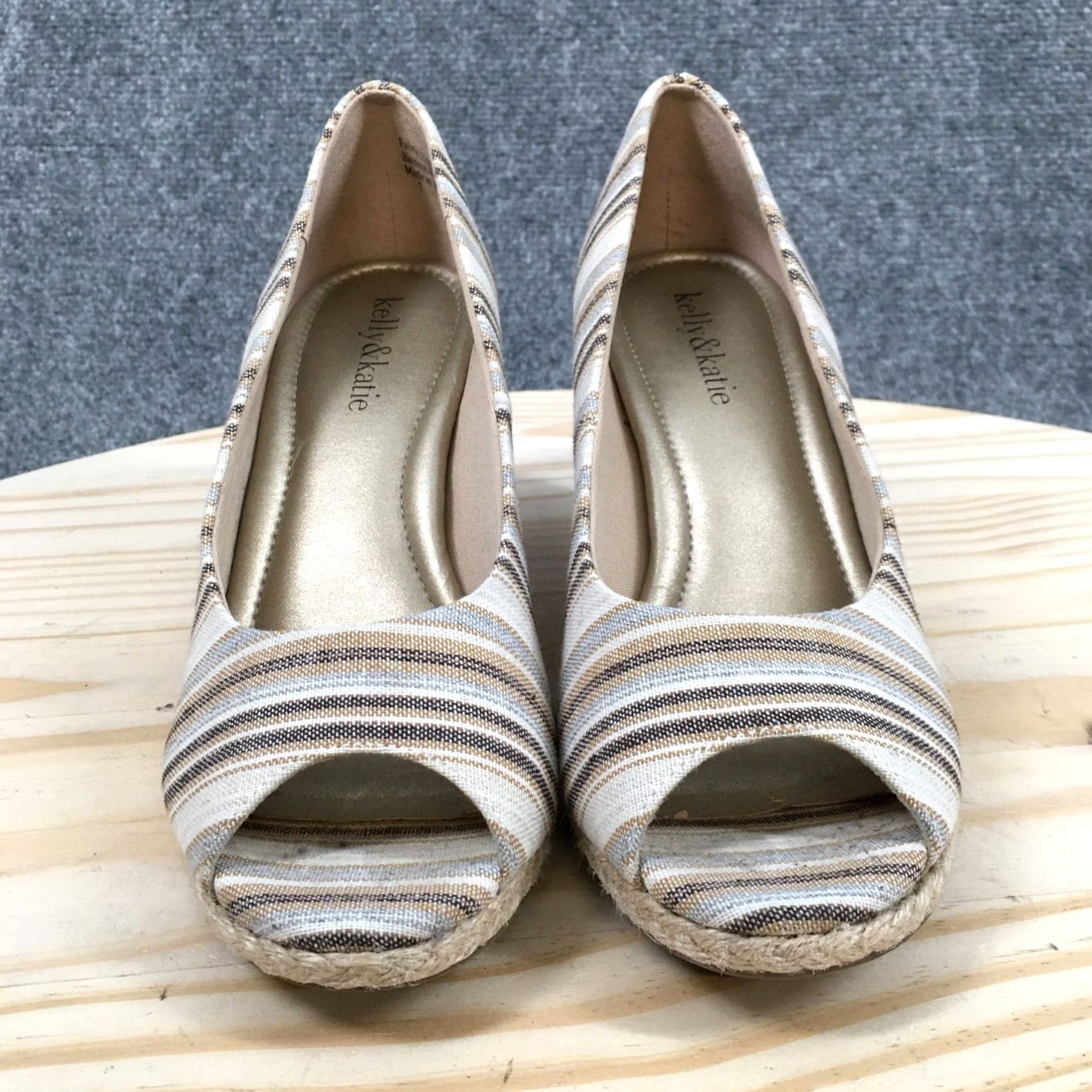 Vintage Kelly & Katie Sandal Womens 7 Brown Peep Toe Slip On Wedge Heels Casual Canvas Shoes Size US 7 / IT 37 - 4 Thumbnail