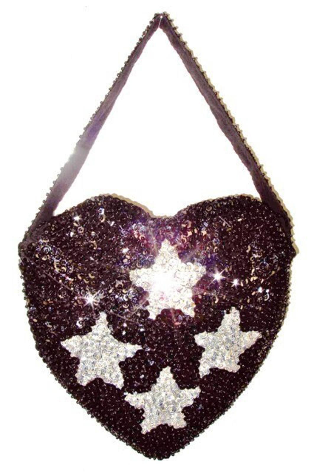 Designer Sequin Purse HEART Shape BLACK w/SILVER Stars Short Strip Size ONE SIZE - 1 Preview