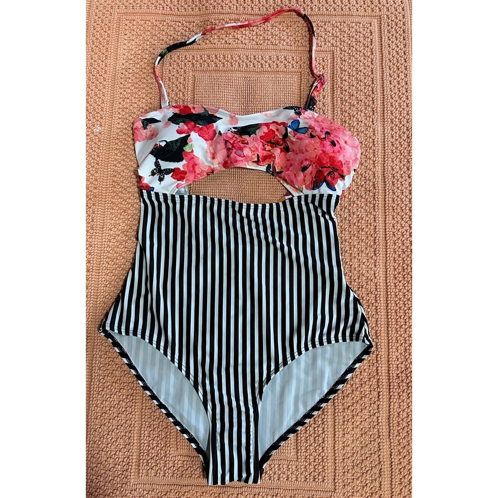 Grand Everest Floral Striped Cutout One Piece Swimsuit Med, Women's (Size Medium)