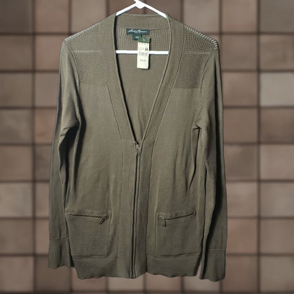 Eddie Bauer Eddie Bauer Cardigan Field Zip Pockets Women M Light Olive 100% Cotton V-Neck Knit Jacket Size M / US 6-8 / IT 42-44 - 1 Thumbnail