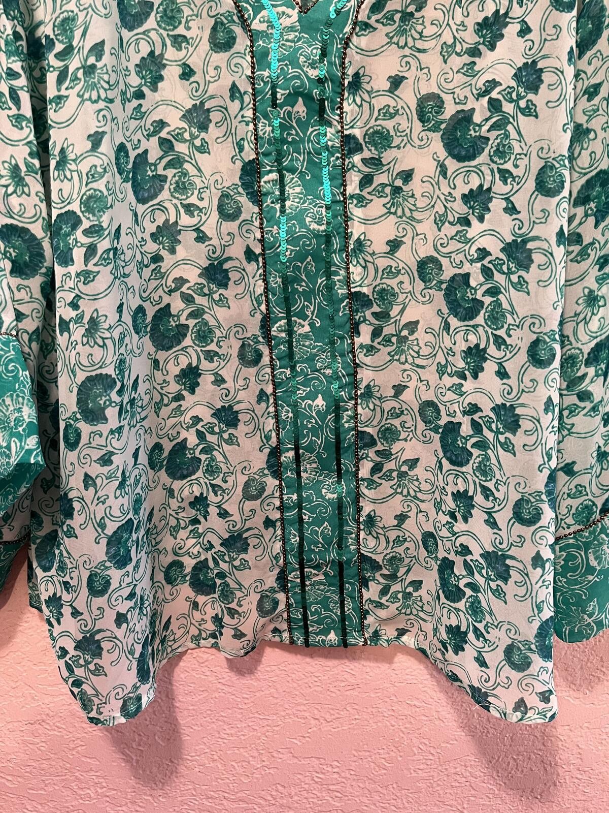 Chicos Chico's Green Floral Patterned V-Neck Blouse with Bell Slee- Size XL / US 12-14 / IT 48-50 - 9 Thumbnail