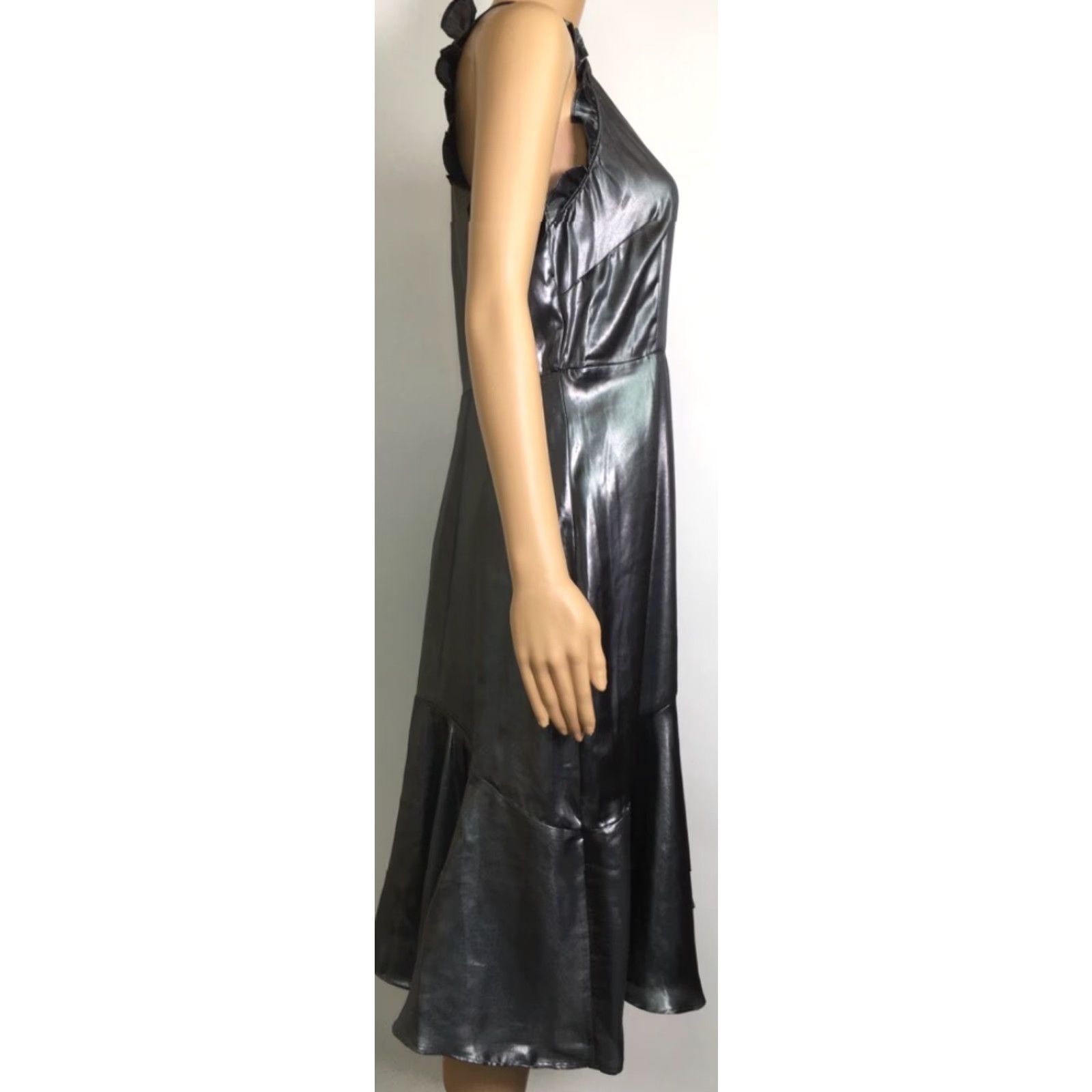 Vintage Who What Wear Womens Cocktail Dress Metallic Gunmetal Ruffle Sleeveless S New Midi Halter Zip 100% Polyester Solid Dress Womens Size S / US 4 / IT 40 - 5 Thumbnail