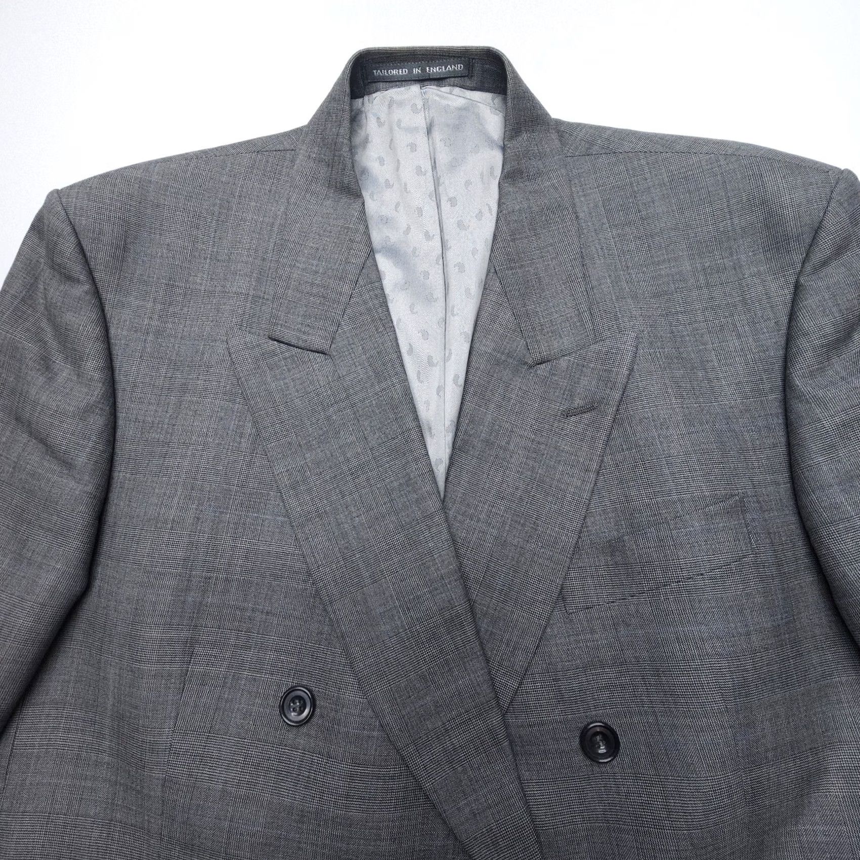 Doublet VINTAGE Savile Row Double-Breasted Wool Blazer Mens 44 Gray England Jacket Coat Check Wool Blazer Men 44" Chest Classic Notch Lapel Four-Button Size 44R - 3 Thumbnail
