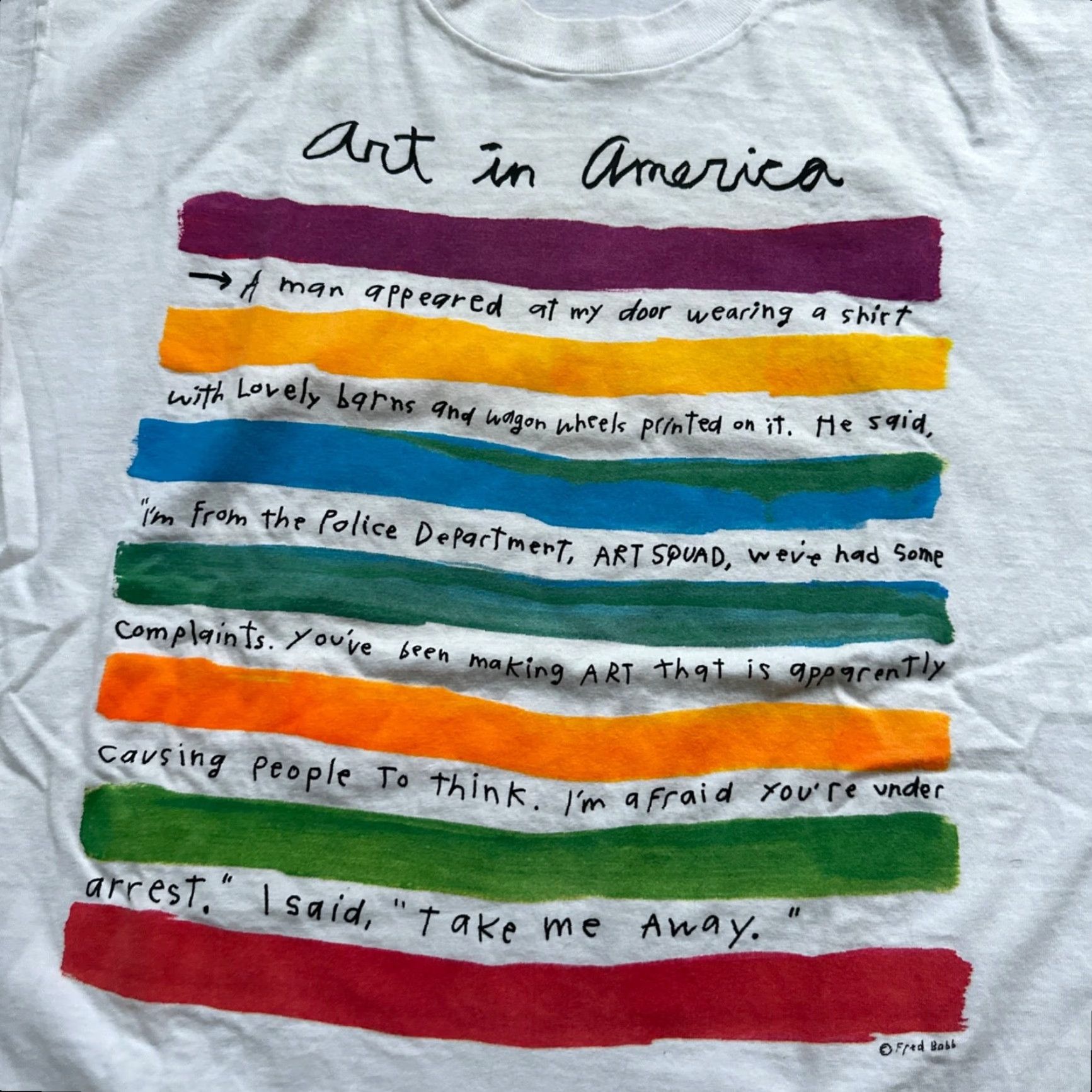 FRED VINTAGE Fred Babb Art In America T-Shirt 80s 90s Abstract Graphic XL White Mens Size US XL / EU 56 / 4 - 4 Thumbnail